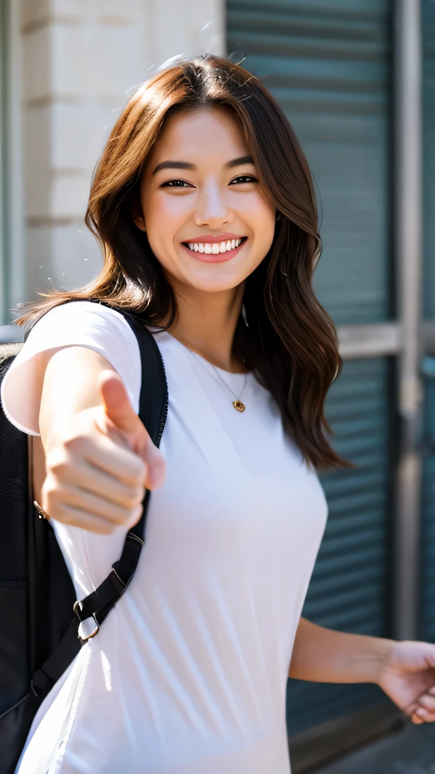 A woman is standing, looking at you, giving you a thumbs up and smiling.