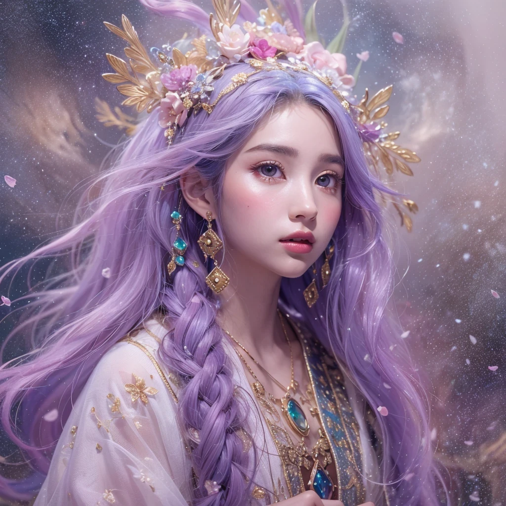 (((Single eyelid)))Snow hoop exclusion area 32K(tmasterpiece,k hd,hyper HD,32K)Long flowing purple-pink hair,Autumn Pond,zydink, a color, Tongzhou people (Girl with glowing eyes), (Thin silk scarf), Side squat position, looking at the ground, long whitr hair, Floating hair, Python headdress, Chinese long-sleeved clothing, (abstract ink splash:1.2), white backgrounid,Lotus protector(realisticlying:1.4),Purple-pink hair,Snowflakes fluttering,The background is pure, A high resolution, the detail, RAW photogr, Sharp Re, Nikon D850 Film Stock Photo by Jefferies Lee 4 Kodak Portra 400 Camera F1.6 shots, Rich colors, ultra-realistic vivid textures, Dramatic lighting, Unreal Engine Art Station Trend, cinestir 800,Long flowing purple-pink hair,((masterpiece)). This artwork is sweet, dreamy and ethereal, with soft pink watercolor hues and candy accents. Generate a delicate and demure fae exploring a (bubblegum world with a wide variety of pastel shades). Her sweet face is extremely detailed and realistic with elegant features and a fierce expression, and looks like ((((naomi scott)))). Include mature features and stunning, highly realistic eyes. Her eyes are important and should be realistic, highly detailed, and beautiful. In high definition and detail, include lots of details like stars, galaxies, colorful bubbles, colorful petals, and lots of energy and emotion! The stars and colorful bubblegum bubbles are important! Include fantasy details, enhanced details, iridescence, colorful glittering wind, and pollen. Pay special attention to her face and make sure it is beautifully and realistically detailed. The image should be dreamy and ethereal.8k, intricate, elegant, highly detailed, majestic, digital photography
