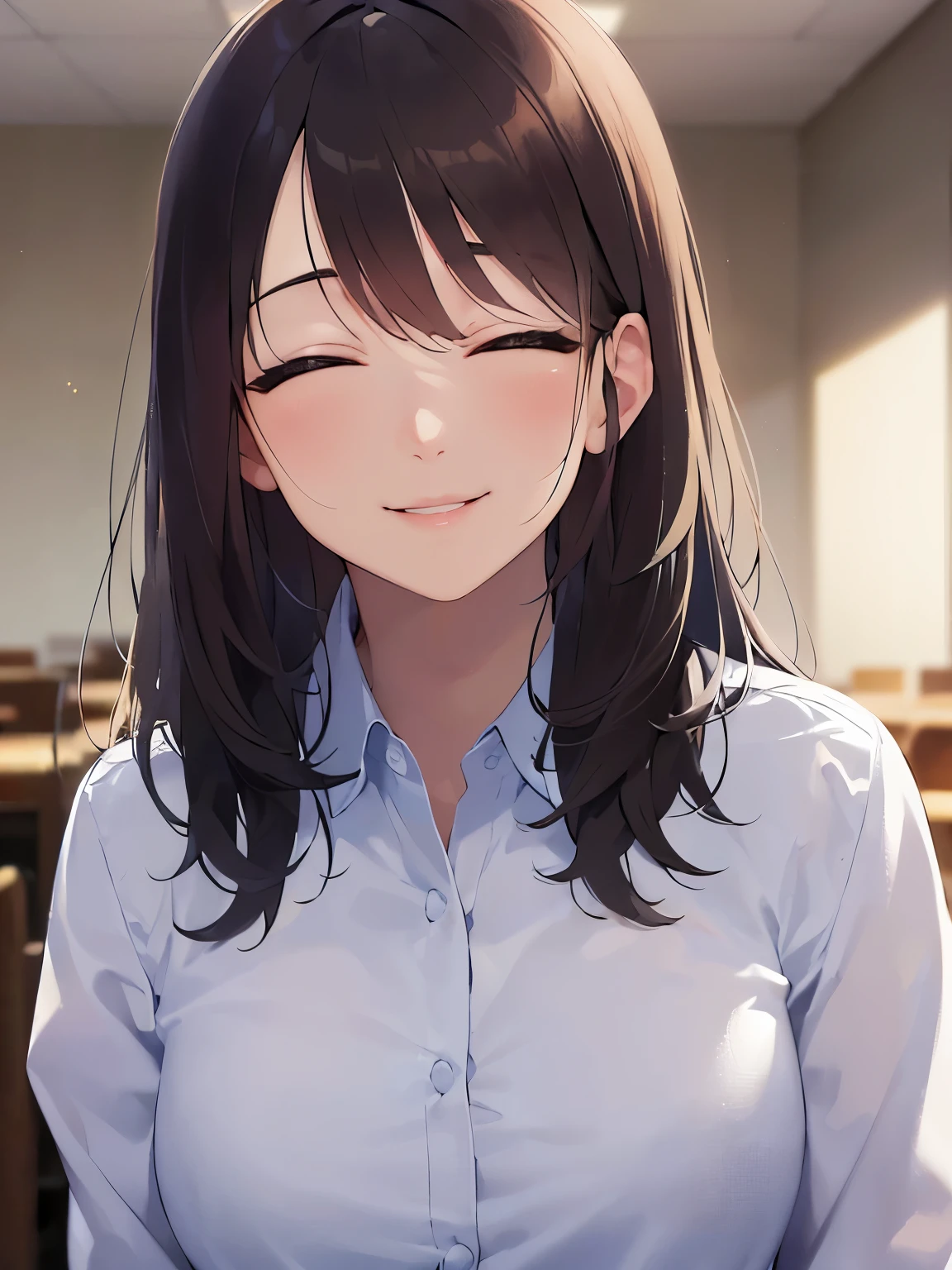 head tilt、Upper Body, Realistic, real person, (pale skin: 1.2), RAW photo, photorealistic, portrait photography, shiny skin, shiny hair、(A 25-year-old woman with medium-length hair and bangs) and (wavy hair) and (brown hair) and (closed eyes:1.8) ,(white collared shirt), (smile:1.5), The background is an office conference room、Alone、Are standing
