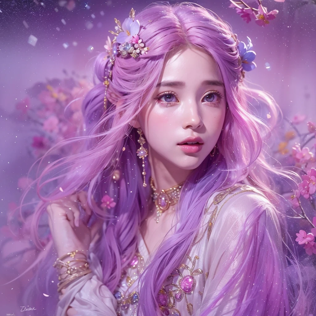 (((Single eyelid)))Snow hoop exclusion area 32K(tmasterpiece,k hd,hyper HD,32K)Long flowing purple-pink hair,Autumn Pond,zydink, a color, Tongzhou people (Girl with glowing eyes), (Thin silk scarf), Side squat position, looking at the ground, long whitr hair, Floating hair, Python headdress, Chinese long-sleeved clothing, (abstract ink splash:1.2), white backgrounid,Lotus protector(realisticlying:1.4),Purple-pink hair,Snowflakes fluttering,The background is pure, A high resolution, the detail, RAW photogr, Sharp Re, Nikon D850 Film Stock Photo by Jefferies Lee 4 Kodak Portra 400 Camera F1.6 shots, Rich colors, ultra-realistic vivid textures, Dramatic lighting, Unreal Engine Art Station Trend, cinestir 800,Long flowing purple-pink hair,((masterpiece)). This artwork is sweet, dreamy and ethereal, with soft pink watercolor hues and candy accents. Generate a delicate and demure fae exploring a (bubblegum world with a wide variety of pastel shades). Her sweet face is extremely detailed and realistic with elegant features and a fierce expression, and looks like ((((naomi scott)))). Include mature features and stunning, highly realistic eyes. Her eyes are important and should be realistic, highly detailed, and beautiful. In high definition and detail, include lots of details like stars, galaxies, colorful bubbles, colorful petals, and lots of energy and emotion! The stars and colorful bubblegum bubbles are important! Include fantasy details, enhanced details, iridescence, colorful glittering wind, and pollen. Pay special attention to her face and make sure it is beautifully and realistically detailed. The image should be dreamy and ethereal.8k, intricate, elegant, highly detailed, majestic, digital photography