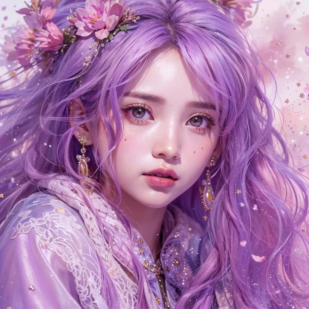 (((Single eyelid)))Snow hoop exclusion area 32K(tmasterpiece,k hd,hyper HD,32K)Long flowing purple-pink hair,Autumn Pond,zydink, a color, Tongzhou people (Girl with glowing eyes), (Thin silk scarf), Side squat position, looking at the ground, long whitr hair, Floating hair, Python headdress, Chinese long-sleeved clothing, (abstract ink splash:1.2), white backgrounid,Lotus protector(realisticlying:1.4),Purple-pink hair,Snowflakes fluttering,The background is pure, A high resolution, the detail, RAW photogr, Sharp Re, Nikon D850 Film Stock Photo by Jefferies Lee 4 Kodak Portra 400 Camera F1.6 shots, Rich colors, ultra-realistic vivid textures, Dramatic lighting, Unreal Engine Art Station Trend, cinestir 800,Long flowing purple-pink hair,((masterpiece)). This artwork is sweet, dreamy and ethereal, with soft pink watercolor hues and candy accents. Generate a delicate and demure fae exploring a (bubblegum world with a wide variety of pastel shades). Her sweet face is extremely detailed and realistic with elegant features and a fierce expression, and looks like ((((naomi scott)))). Include mature features and stunning, highly realistic eyes. Her eyes are important and should be realistic, highly detailed, and beautiful. In high definition and detail, include lots of details like stars, galaxies, colorful bubbles, colorful petals, and lots of energy and emotion! The stars and colorful bubblegum bubbles are important! Include fantasy details, enhanced details, iridescence, colorful glittering wind, and pollen. Pay special attention to her face and make sure it is beautifully and realistically detailed. The image should be dreamy and ethereal.8k, intricate, elegant, highly detailed, majestic, digital photography