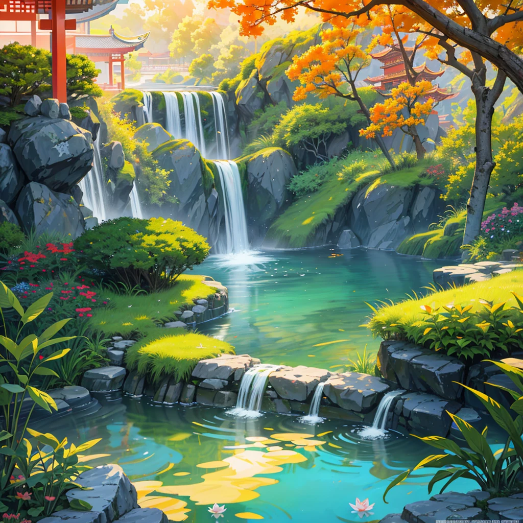 Ancient Chinese architecture, Cool colors, Sunset Sunset, garden, bamboo, lake, Stone Bridge, rockery, arch, corner, Tree, Tap water, landscape, outdoor, Fall, Grass, rock, Pond lotus has dense teeth, (illustration: 1.0) , Epic creation, High-resolution details, masterpiece, best quality, (Very detailed CG Unity 8k wallpaper) - Chinese style