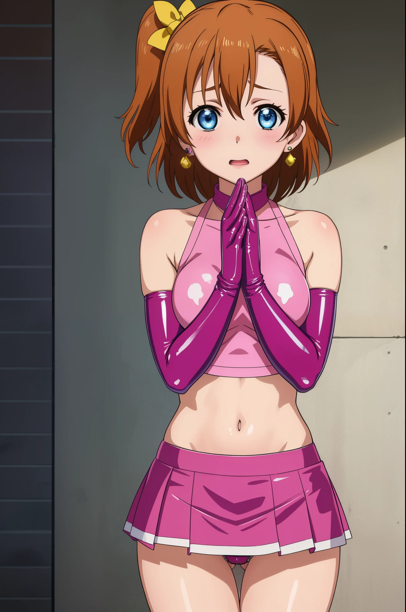 masterpiece, best quality,8k wallpaper, facing viewer,blue eyes,cowboy shot,kousaka honoka, (pink tight crop top), halter neck,breasts , elbow gloves, (pink latex skirt),mini skirt ,in street , solo, (standing:0.8), earrings, posing , crotch , own hands together,begging, masturbating , panties