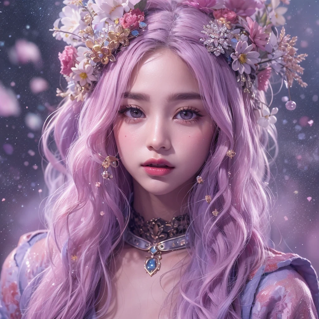 (((Single eyelid)))Snow hoop exclusion area 32K(tmasterpiece,k hd,hyper HD,32K)Long flowing purple-pink hair,Autumn Pond,zydink, a color, Tongzhou people (Girl with glowing eyes), (Thin silk scarf), Side squat position, looking at the ground, long whitr hair, Floating hair, Python headdress, Chinese long-sleeved clothing, (abstract ink splash:1.2), white backgrounid,Lotus protector(realisticlying:1.4),Purple-pink hair,Snowflakes fluttering,The background is pure, A high resolution, the detail, RAW photogr, Sharp Re, Nikon D850 Film Stock Photo by Jefferies Lee 4 Kodak Portra 400 Camera F1.6 shots, Rich colors, ultra-realistic vivid textures, Dramatic lighting, Unreal Engine Art Station Trend, cinestir 800,Long flowing purple-pink hair,((masterpiece)). This artwork is sweet, dreamy and ethereal, with soft pink watercolor hues and candy accents. Generate a delicate and demure fae exploring a (bubblegum world with a wide variety of pastel shades). Her sweet face is extremely detailed and realistic with elegant features and a fierce expression, and looks like ((((naomi scott)))). Include mature features and stunning, highly realistic eyes. Her eyes are important and should be realistic, highly detailed, and beautiful. In high definition and detail, include lots of details like stars, galaxies, colorful bubbles, colorful petals, and lots of energy and emotion! The stars and colorful bubblegum bubbles are important! Include fantasy details, enhanced details, iridescence, colorful glittering wind, and pollen. Pay special attention to her face and make sure it is beautifully and realistically detailed. The image should be dreamy and ethereal.8k, intricate, elegant, highly detailed, majestic, digital photography