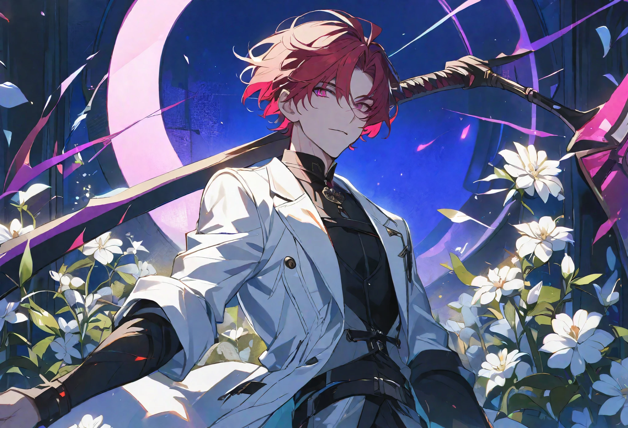 solo, handsome, 1 male, white coat, short hair, red hair, magenta eyes, black light, red scythe, white flower