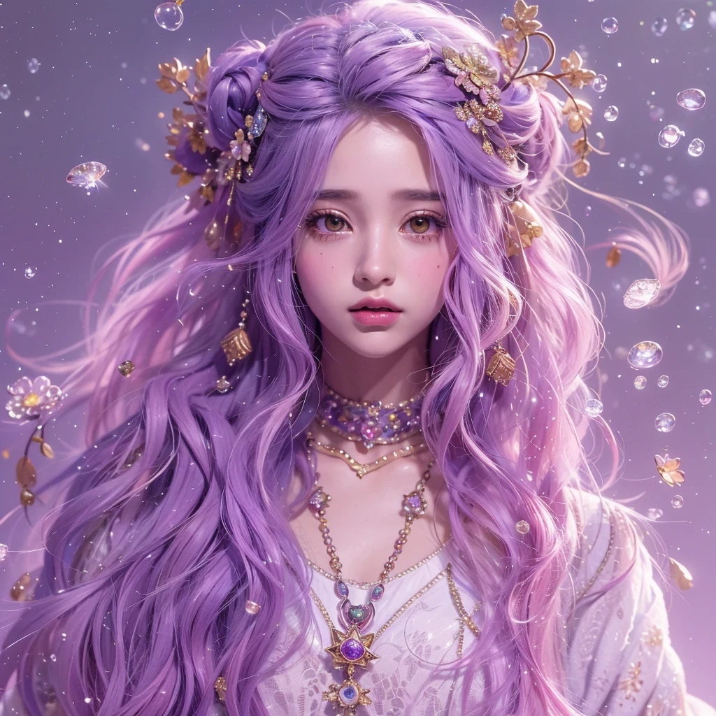 (((Single eyelid)))Snow hoop exclusion area 32K(tmasterpiece,k hd,hyper HD,32K)Long flowing purple-pink hair,Autumn Pond,zydink, a color, Tongzhou people (Girl with glowing eyes), (Thin silk scarf), Side squat position, looking at the ground, long whitr hair, Floating hair, Python headdress, Chinese long-sleeved clothing, (abstract ink splash:1.2), white backgrounid,Lotus protector(realisticlying:1.4),Purple-pink hair,Snowflakes fluttering,The background is pure, A high resolution, the detail, RAW photogr, Sharp Re, Nikon D850 Film Stock Photo by Jefferies Lee 4 Kodak Portra 400 Camera F1.6 shots, Rich colors, ultra-realistic vivid textures, Dramatic lighting, Unreal Engine Art Station Trend, cinestir 800,Long flowing purple-pink hair,((masterpiece)). This artwork is sweet, dreamy and ethereal, with soft pink watercolor hues and candy accents. Generate a delicate and demure fae exploring a (bubblegum world with a wide variety of pastel shades). Her sweet face is extremely detailed and realistic with elegant features and a fierce expression, and looks like ((((naomi scott)))). Include mature features and stunning, highly realistic eyes. Her eyes are important and should be realistic, highly detailed, and beautiful. In high definition and detail, include lots of details like stars, galaxies, colorful bubbles, colorful petals, and lots of energy and emotion! The stars and colorful bubblegum bubbles are important! Include fantasy details, enhanced details, iridescence, colorful glittering wind, and pollen. Pay special attention to her face and make sure it is beautifully and realistically detailed. The image should be dreamy and ethereal.8k, intricate, elegant, highly detailed, majestic, digital photography
