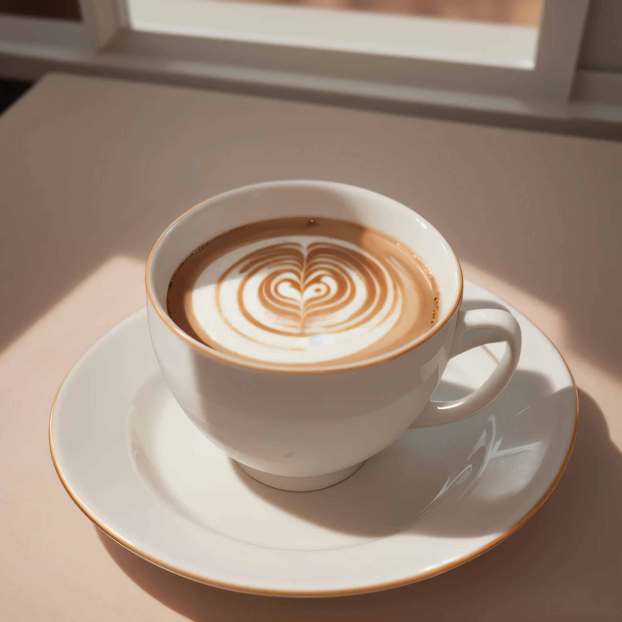 Ultra detailed shot of a coffee cup with latte art,Whimsical, Ethereal, magical look, Soft light from the window, Detailed and realistic cup, Delicate Chinese porcelain, 32k resolution, highest quality,
