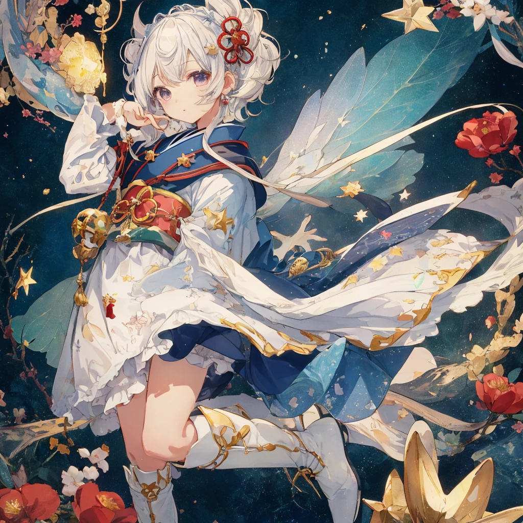 vtuber-fullbody、Star Fairy、Masterpiece、Official Art、Super detailed、super beautiful、かわいいStar Fairy、white straight short hair、Milky Way、universe、star charm、Star、Baby Face、Knee-high boots、Japanese pattern dress、浴衣をリメイクした黒と紺色のuniverseを思わせるOiranフリルドレス、Oiran、Simple Background、green background、