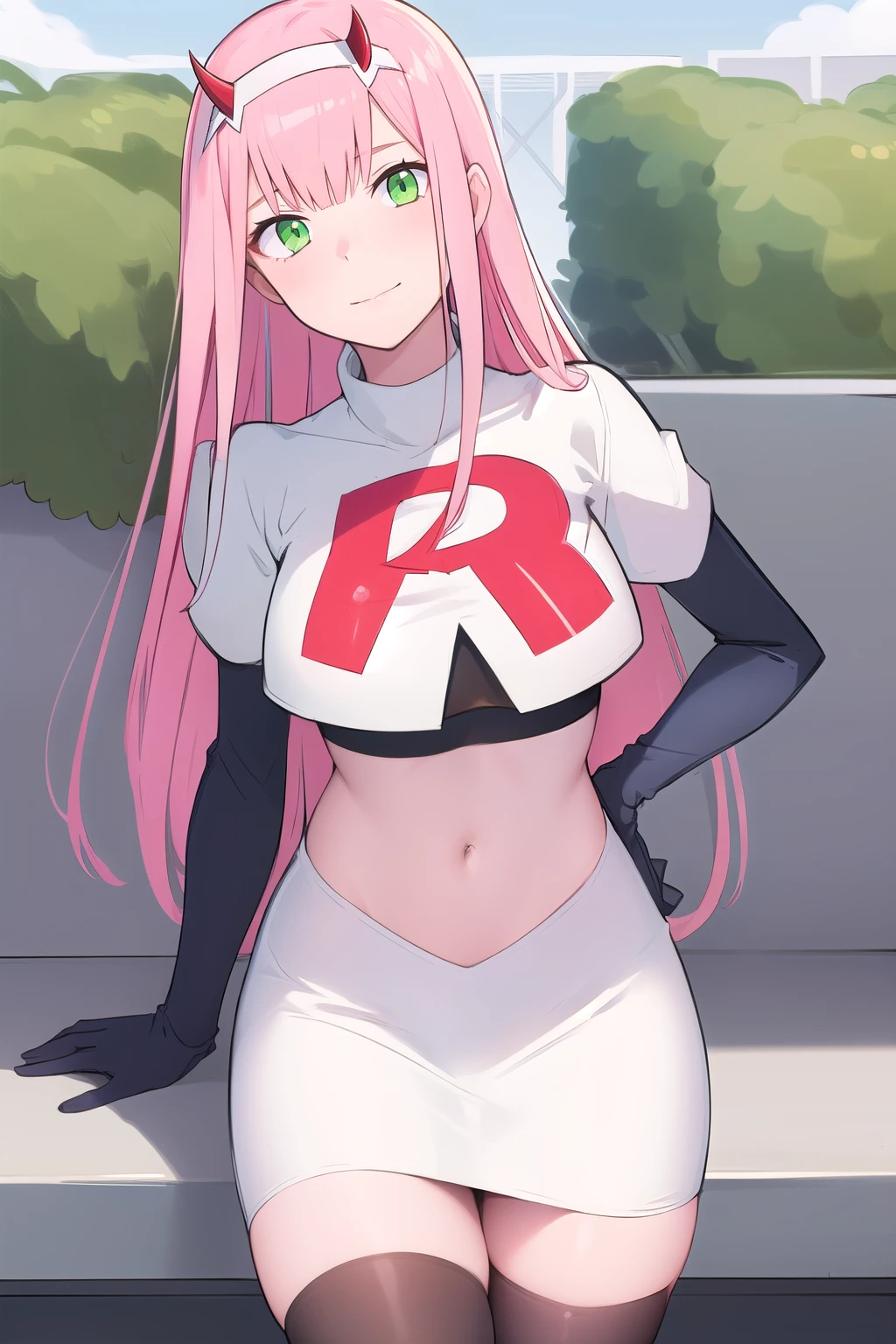 zero two \(darling in the franxx\), darling in the franxx, 1girl, ascot, bangs, green eyes, hairband, horns, long hair, looking at viewer, oni horns, pink hair, red horns, solo, team rocket,team rocket uniform,white skirt,red letter R,crop top,black thigh-highs, white hairband, ((masterpiece))