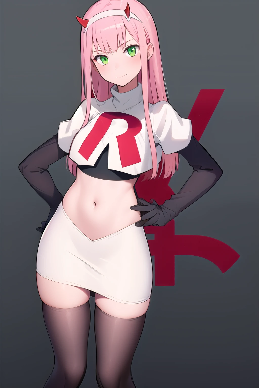 zero two \(darling in the franxx\), darling in the franxx, 1girl, ascot, bangs, green eyes, hairband, horns, long hair, looking at viewer, oni horns, pink hair, red horns, solo, team rocket,team rocket uniform,white skirt,red letter R,crop top,black thigh-highs, white hairband, ((masterpiece))