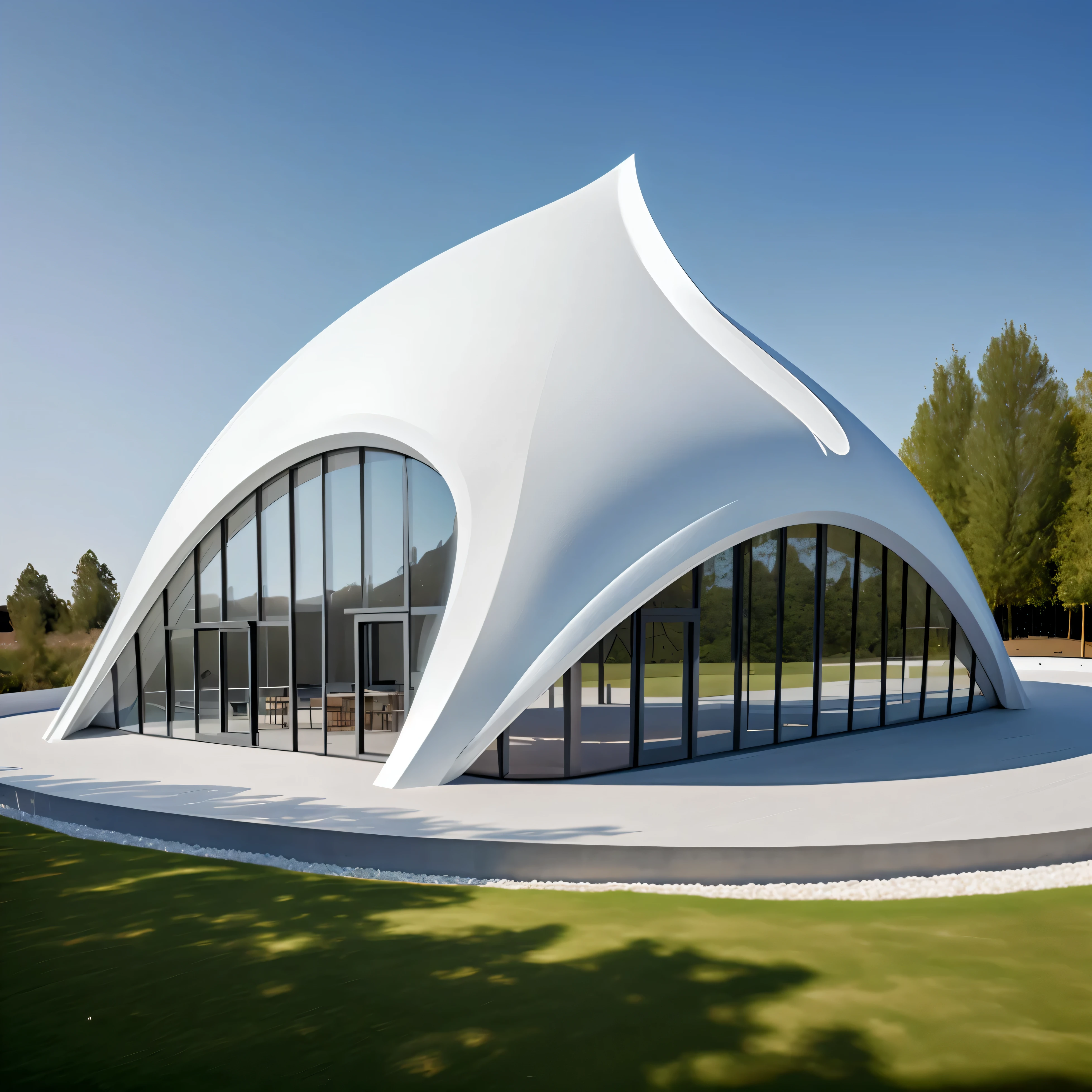 White building with curved roof and glass walls, futuristic church, in style of Zaha Hadid architect, Web portals. Zaha Hadid, tent architecture, alien church, Covered outdoor stage, Zaha Hadid style architecture, by Zha Shibiao, Zaha Hadid architecture, Futuristic architecture, 3D Printing Architecture, star roof, Height Rendering, architecture Zaha Hadid
