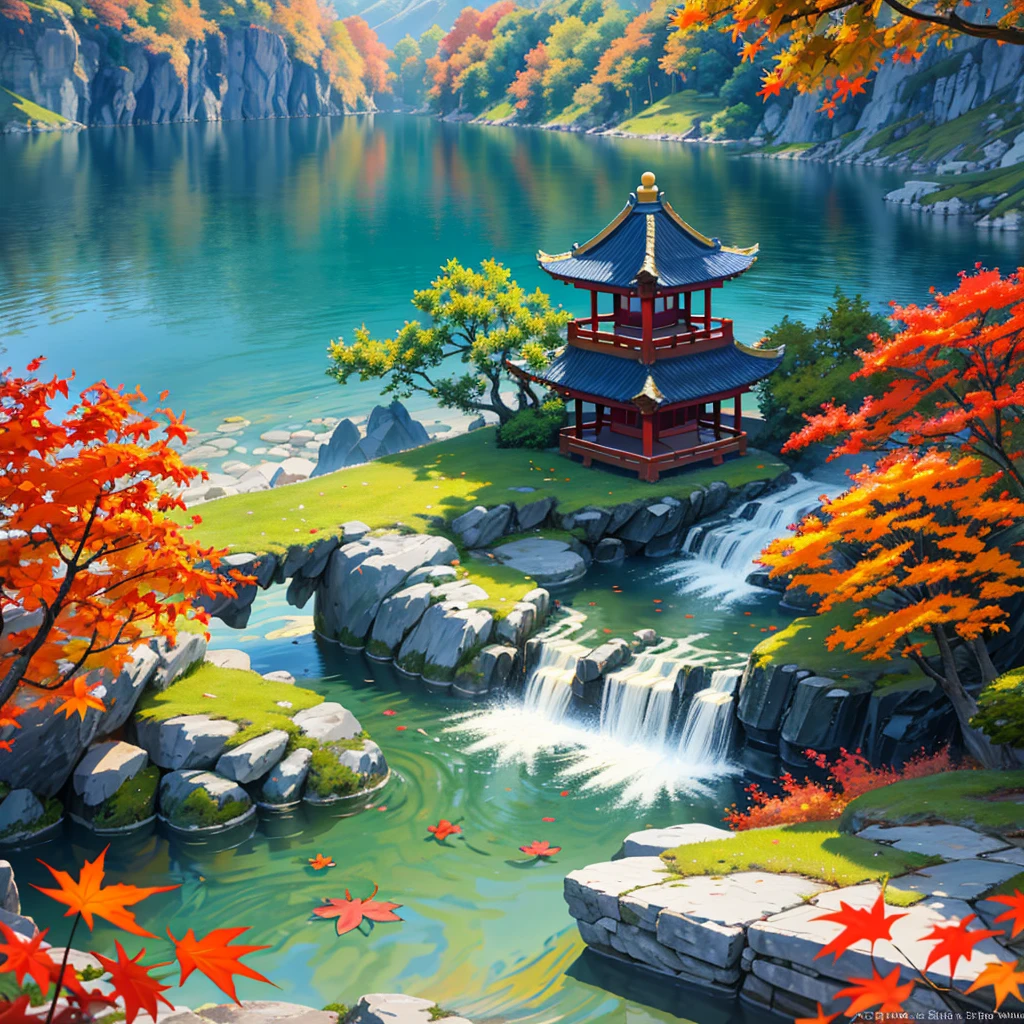 Ancient Chinese architecture, Cool colors, Sunset Sunset, garden,Autumn maple leaves, lake, Stone Bridge, rockery, arch, corner, Tree, Tap water, landscape, outdoor, Fall, Grass, rock, Pond lotus has dense teeth, (illustration: 1.0) , Epic creation, High-resolution details, masterpiece, best quality, (Very detailed CG Unity 8k wallpaper) - Chinese style