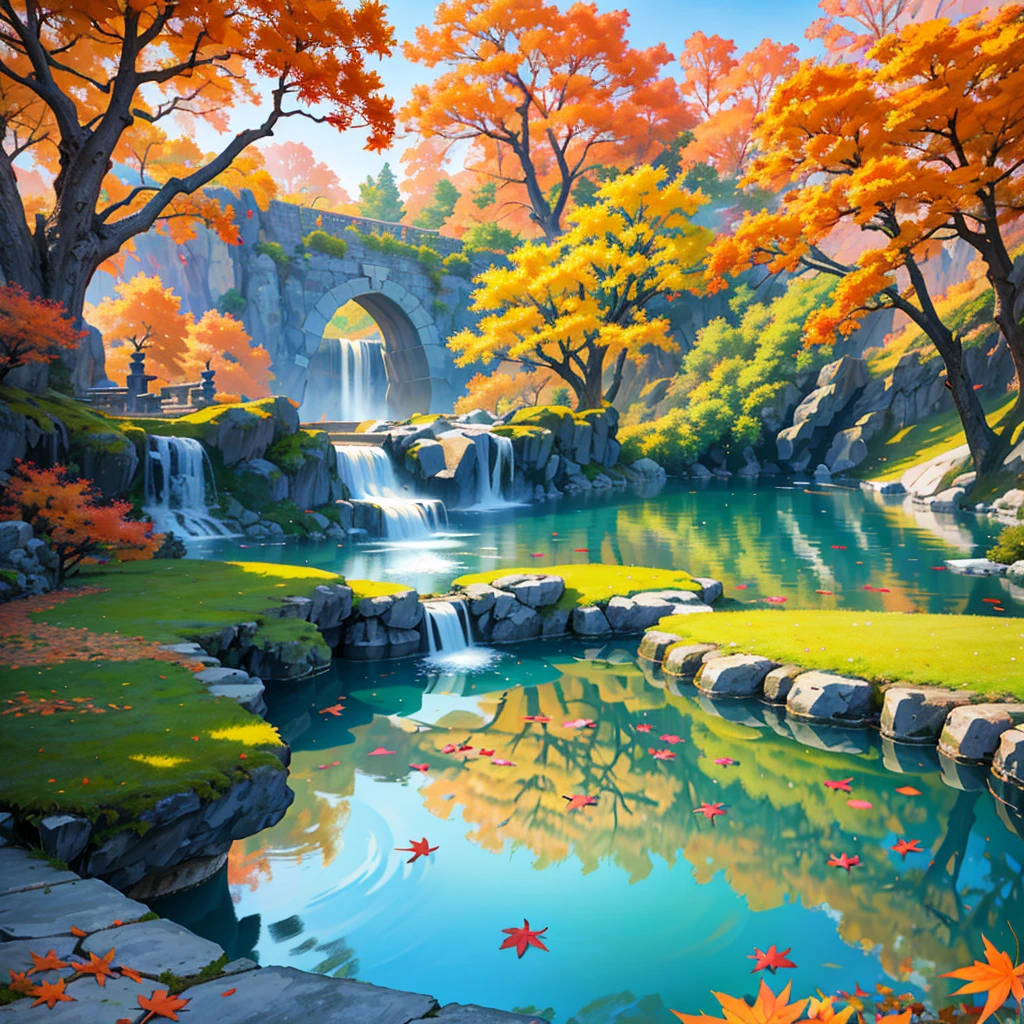 Ancient Chinese architecture, Cool colors, Sunset Sunset, garden,Autumn maple leaves, lake, Stone Bridge, rockery, arch, corner, Tree, Tap water, landscape, outdoor, Fall, Grass, rock, Pond lotus has dense teeth, (illustration: 1.0) , Epic creation, High-resolution details, masterpiece, best quality, (Very detailed CG Unity 8k wallpaper) - Chinese style