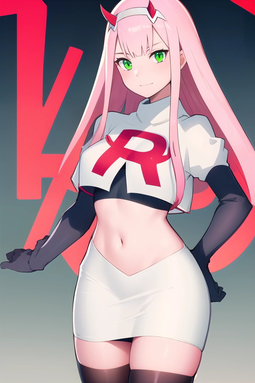 zero two \(darling in the franxx\), darling in the franxx, 1girl, ascot, bangs, green eyes, hairband, horns, long hair, looking at viewer, oni horns, pink hair, red horns, solo, team rocket,team rocket uniform,white skirt,red letter R,crop top,black thigh-highs, white hairband, ((masterpiece))