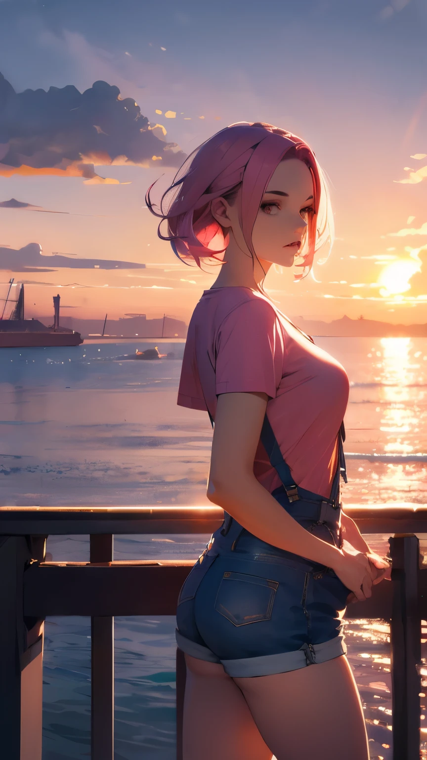 Shorts and suspenders, a tight-fitting T-shirt, pink hair, a beautiful woman with eight heads, a bright sunset against the background of the sea visible from the port, high image quality, high definition, a masterpiece, artistic composition, lighting up the subject.