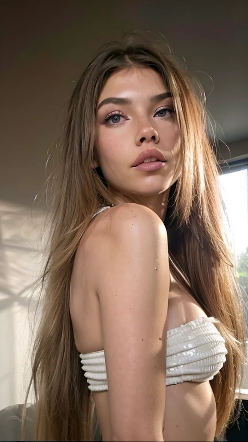 (hermosa modelo rubia cabello corto, vestida con ropa balenciaga dorada con blanco, el Fondo esta inspirado en egipto, brillar, reFlection light, From below, Moderno, Hyperrealism, lens Flare, Satellite image, cinematic lighting, F/4.0, gran angular, chromatic aberration abuse, luz brillante, contraluz, Fisheye, nikon, 8k, alta calidad