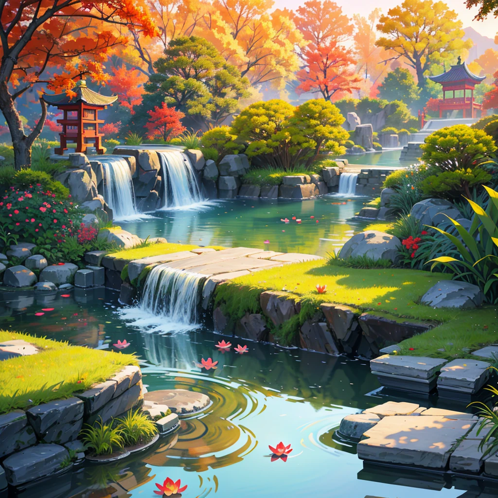 Ancient Chinese architecture, Cool colors, Sunset Sunset, garden, bamboo, lake, Stone Bridge, rockery, arch, corner, Red Leaves, Tap water, landscape, outdoor, Fall, Grass, rock, Pond lotus has dense teeth, (illustration: 1.0) , Epic creation, High-resolution details, masterpiece, best quality, (Very detailed CG Unity 8k wallpaper) - Chinese style