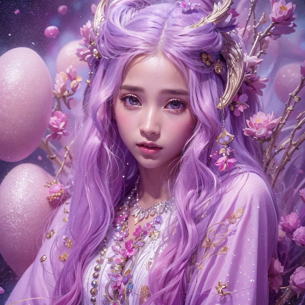 （（（Single eyelid）））Snow hoop exclusion area 32K（tmasterpiece，k hd，hyper HD，32K）Long flowing purple-pink hair，Autumn Pond，zydink， a color， Tongzhou people （Girl with glowing eyes）， （Thin silk scarf）， Side squat position， looking at the ground， long whitr hair， Floating hair， Python headdress， Chinese long-sleeved clothing， （abstract ink splash：1.2）， white backgrounid，Lotus protector（realisticlying：1.4），Purple-pink hair，Snowflakes fluttering，The background is pure， A high resolution， the detail， RAW photogr， Sharp Re， Nikon D850 Film Stock Photo by Jefferies Lee 4 Kodak Portra 400 Camera F1.6 shots, Rich colors, ultra-realistic vivid textures, Dramatic lighting, Unreal Engine Art Station Trend, cinestir 800，Long flowing purple-pink hair，((masterpiece)). This artwork is sweet, dreamy and ethereal, with soft pink watercolor hues and candy accents. Generate a delicate and demure fae exploring a (bubblegum world with a wide variety of pastel shades). Her sweet face is extremely detailed and realistic with elegant features and a fierce expression, and looks like ((((naomi scott)))). Include mature features and stunning, highly realistic eyes. Her eyes are important and should be realistic, highly detailed, and beautiful. In high definition and detail, include lots of details like stars, galaxies, colorful bubbles, colorful petals, and lots of energy and emotion! The stars and colorful bubblegum bubbles are important! Include fantasy details, enhanced details, iridescence, colorful glittering wind, and pollen. Pay special attention to her face and make sure it is beautifully and realistically detailed. The image should be dreamy and ethereal.8k, intricate, elegant, highly detailed, majestic, digital photography