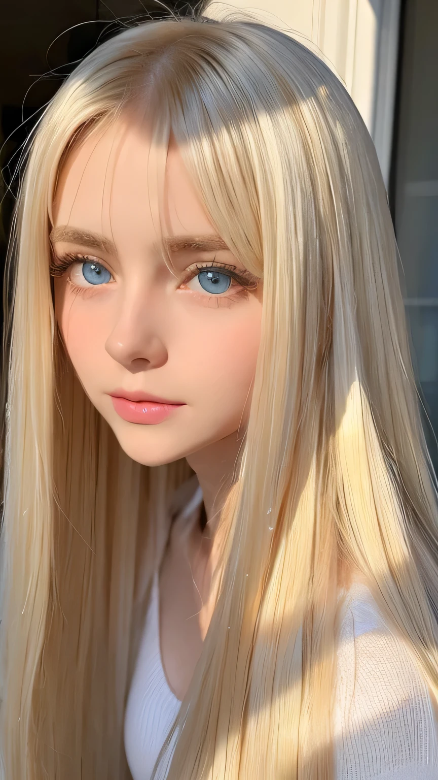 Very beautiful, bright, large light blue eyes、Very big eyes、Super long and beautiful platinum blonde hair、Super long straight hair、Silky Hair、long bangs over the eyes、Very beautiful face, Young and shiny white skin、Sexy and very beautiful appearance、Beautiful and cute face、Very beautiful 14 year old, Stylish Nordic blonde beauty、A little larger chest, Full Body, Pubic hair, Very cute、hair over eyes、hair over one eye、hair between eyes、