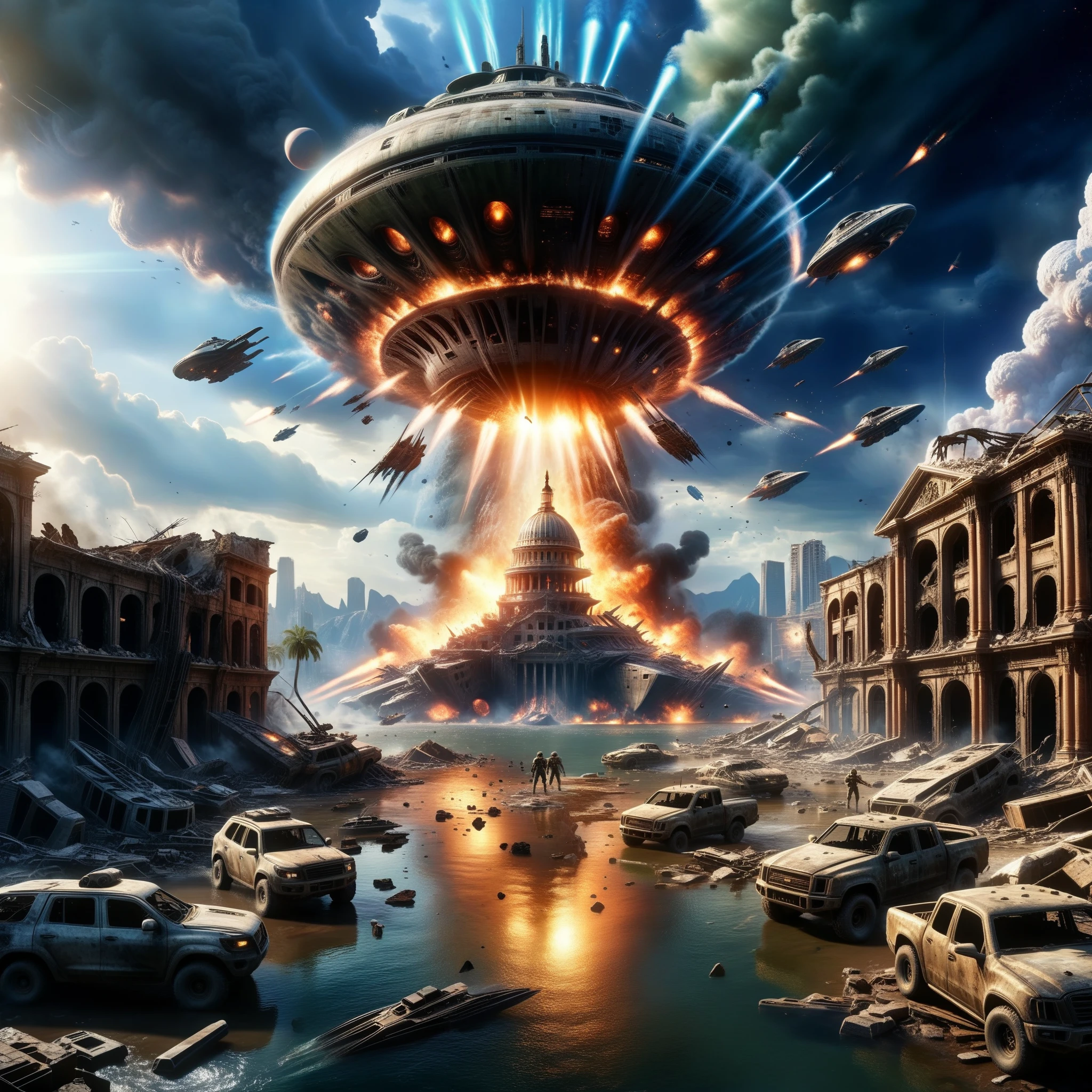 best quality,4k,8k,highres,masterpiece:1.2,ultra-detailed,realistic:1.37,destructive invasion,apocalyptic landscape,dark and desolate world,alien spaceship in the sky,crumbling buildings,exploding flames,smoke and dust filling the air,battleships engaged in intense combat,human resistance fighters fighting against the alien invaders,desperation and fear in people's faces,ruins of once-thriving cities,rays of destruction pulsating from the alien weapons,overpowering forces rendering the world defenseless,nature distorted and destroyed in the chaos,ominous atmosphere,post-apocalyptic survivors seeking refuge,surreal and unsettling scenes,powerful and menacing alien creatures,devastation as far as the eye can see,struggle for survival against overwhelming odds,majestic yet eerie lighting casting long shadows,hope and determination amidst the ruins,desperate efforts to rebuild and resist,ultimate test of humanity's will to survive
