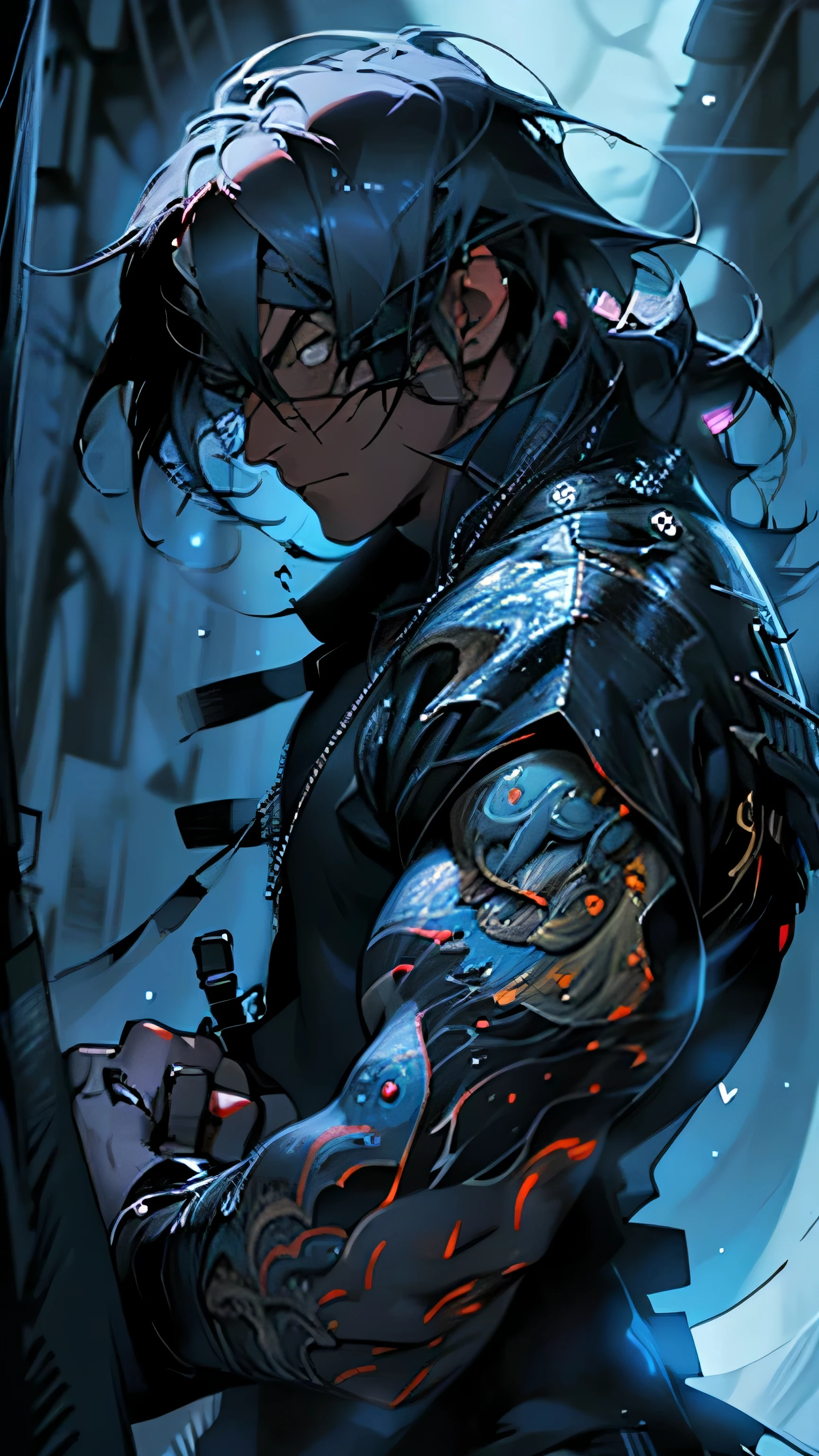 A stunning anime illustration resembling a scene from a hero movie. It features semi-realistic digital anime art with meticulous attention to detail, reminiscent of an oil painting with intricate brushstroke work. The scene is captured from a dramatic angle with an epic perspective and soft focus, portraying a muscular male humanoid with a wolf face wearing a cross necklace, with a cold expression. The character is beautifully lit, casting deep shadows in a dark atmosphere accentuated by deep purple shading. The composition evokes dramatic narrative cinematography, showcasing intricate details in stunning 8K UHD HDR quality.