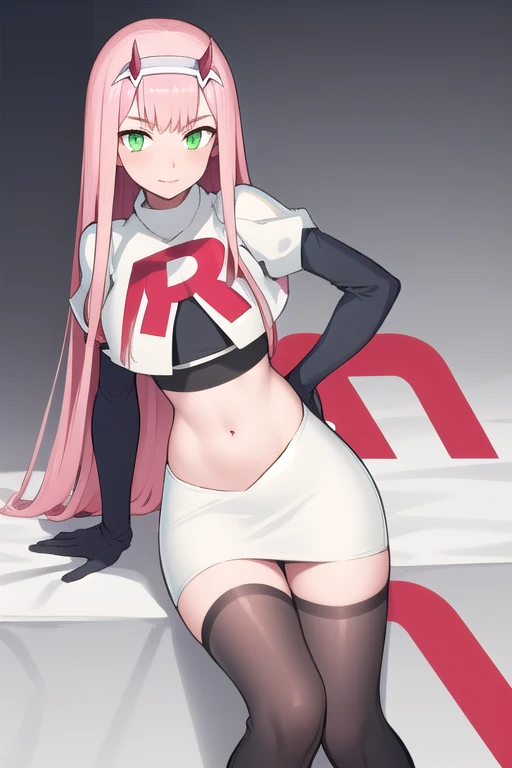 zero two \(darling in the franxx\), darling in the franxx, 1girl, ascot, bangs, green eyes, hairband, horns, long hair, looking at viewer, oni horns, pink hair, red horns, solo, team rocket,team rocket uniform,white skirt,red letter R,crop top,black thigh-highs, white hairband, ((masterpiece))