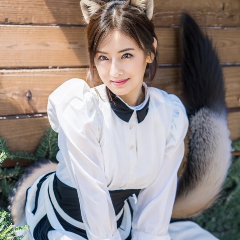 ((highest quality, 32k)), ((masterpiece)), (familiar), Perfect Face, Fox woman, Beautiful woman, public, Has a tail, She has a fluffy tail, She has a raccoon's tail, She wags her tail, smile, bell collar, She wears a maid outfit, Beautiful Hips, Big Breasts, Big tail, A tail protrudes from under her maid outfit., Get on all fours and turn around
