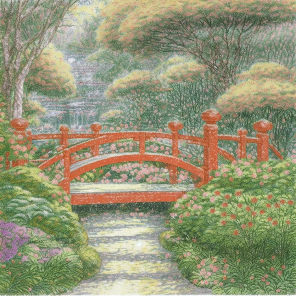 japan color pencil, obviously color pencil texture, drawing of a park with a red bridge and a red bridge, in japanese garden, park landscape, japanese garden, inspired by Naoko Takeuchi, in a park, artist sketch, japanese landscape, inspired by Koson Ohara, by Junpei Satoh, in a city park, sketchbook, inspired by Saitō Kiyoshi