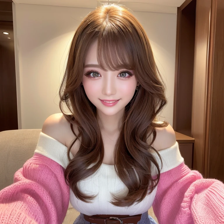 ((highest quality, Tabletop, Ultra-high resolution、The most complex and detailed depiction))、(Bright lighting:1.1)、(spring-like clothes)、(Beautiful woman:1.1)、(Long Wavy Hair:1.05), (Accurate anatomy:1.1)、Colored contact lenses、Perfect Makeup、Natural Lip、Highly saturated eyeshadow、A loose off-the-shoulder knit、Short skirt、blurred background, look at me and smile、Luxury Room、(Ultra-high resolution光沢, Fair skin:1.1)、Ultra-high resolutionの顔、Ultra-high resolutionの髪、Ultra-high resolution sparkling eyes、Ultra-high resolution glossy lips、(Brightly lit white skin:1.1)、Beautiful face drawn in every detail、Ultra-high resolution perfect beautiful teeth、(Bright and vivid:1.1), whole body、Beautiful legs