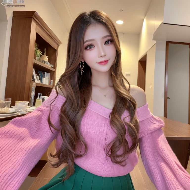 ((highest quality, Tabletop, Ultra-high resolution、The most complex and detailed depiction))、(Bright lighting:1.1)、(spring-like clothes)、(Beautiful woman:1.1)、(Long Wavy Hair:1.05), (Accurate anatomy:1.1)、Colored contact lenses、Perfect Makeup、Natural Lip、Highly saturated eyeshadow、A loose off-the-shoulder knit、Short skirt、blurred background, look at me and smile、Luxury Room、(Ultra-high resolution光沢, Fair skin:1.1)、Ultra-high resolutionの顔、Ultra-high resolutionの髪、Ultra-high resolution sparkling eyes、Ultra-high resolution glossy lips、(Brightly lit white skin:1.1)、Beautiful face drawn in every detail、Ultra-high resolution perfect beautiful teeth、(Bright and vivid:1.1), whole body、Beautiful legs