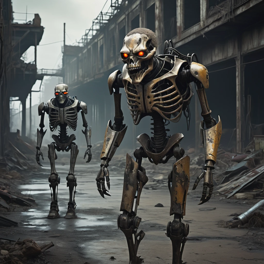 (best quality, highres, ultra-detailed:1.2), (realistic, photorealistic:1.37), humanoid mutants (inspired by random animals), wasteland piecemeal outfits, studying human skeleton and derelict robo armor, wasteland surroundings, post-apocalyptic atmosphere, mutated features, sharp teeth, glowing eyes, various animal characteristics, tattered clothing, rusty metal, cracked bones, decaying machinery, abandoned buildings, dusty landscape, toxic air, eerie lighting, somber color palette, gritty texture