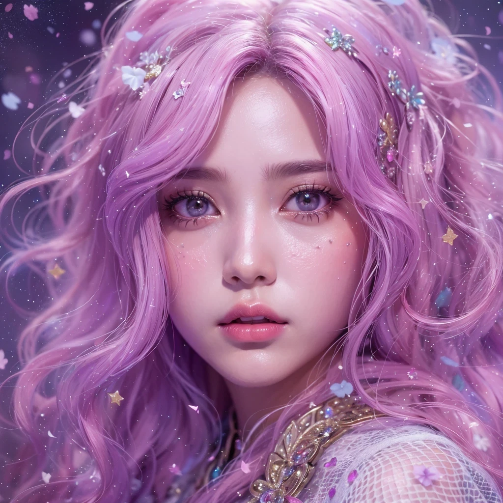(((Single eyelid)))Snow hoop exclusion area 32K(tmasterpiece,k hd,hyper HD,32K)Long flowing purple-pink hair,Autumn Pond,zydink, a color, Tongzhou people (Girl with glowing eyes), (Thin silk scarf), Side squat position, looking at the ground, long whitr hair, Floating hair, Python headdress, Chinese long-sleeved clothing, (abstract ink splash:1.2), white backgrounid,Lotus protector(realisticlying:1.4),Purple-pink hair,Snowflakes fluttering,The background is pure, A high resolution, the detail, RAW photogr, Sharp Re, Nikon D850 Film Stock Photo by Jefferies Lee 4 Kodak Portra 400 Camera F1.6 shots, Rich colors, ultra-realistic vivid textures, Dramatic lighting, Unreal Engine Art Station Trend, cinestir 800,Long flowing purple-pink hair,((masterpiece)). This artwork is sweet, dreamy and ethereal, with soft pink watercolor hues and candy accents. Generate a delicate and demure fae exploring a (bubblegum world with a wide variety of pastel shades). Her sweet face is extremely detailed and realistic with elegant features and a fierce expression, and looks like ((((naomi scott)))). Include mature features and stunning, highly realistic eyes. Her eyes are important and should be realistic, highly detailed, and beautiful. In high definition and detail, include lots of details like stars, galaxies, colorful bubbles, colorful petals, and lots of energy and emotion! The stars and colorful bubblegum bubbles are important! Include fantasy details, enhanced details, iridescence, colorful glittering wind, and pollen. Pay special attention to her face and make sure it is beautifully and realistically detailed. The image should be dreamy and ethereal.8k, intricate, elegant, highly detailed, majestic, digital photography