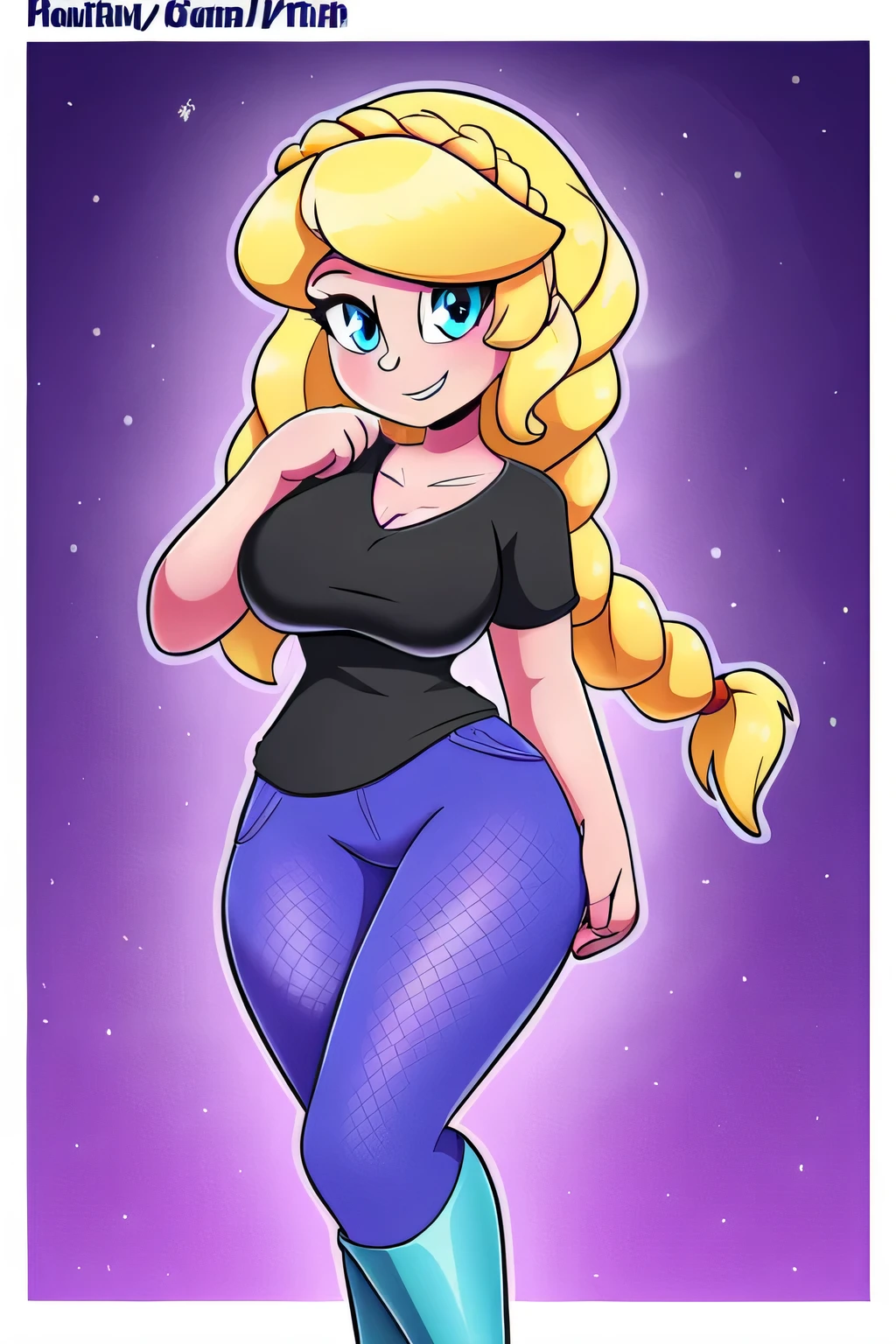 A woman goddess tall beautiful sexy sensual beautiful beautiful tenderness affectionate slutty pretty smiles kindly big chest huge long yellow hair wavy to the side a Mencho short yellow braid her light blue eye orange side she wears a fluffy shiny black shirt for the cold and metallic blue fleece pants shows her leg black mesh socks and luxurious boots 
