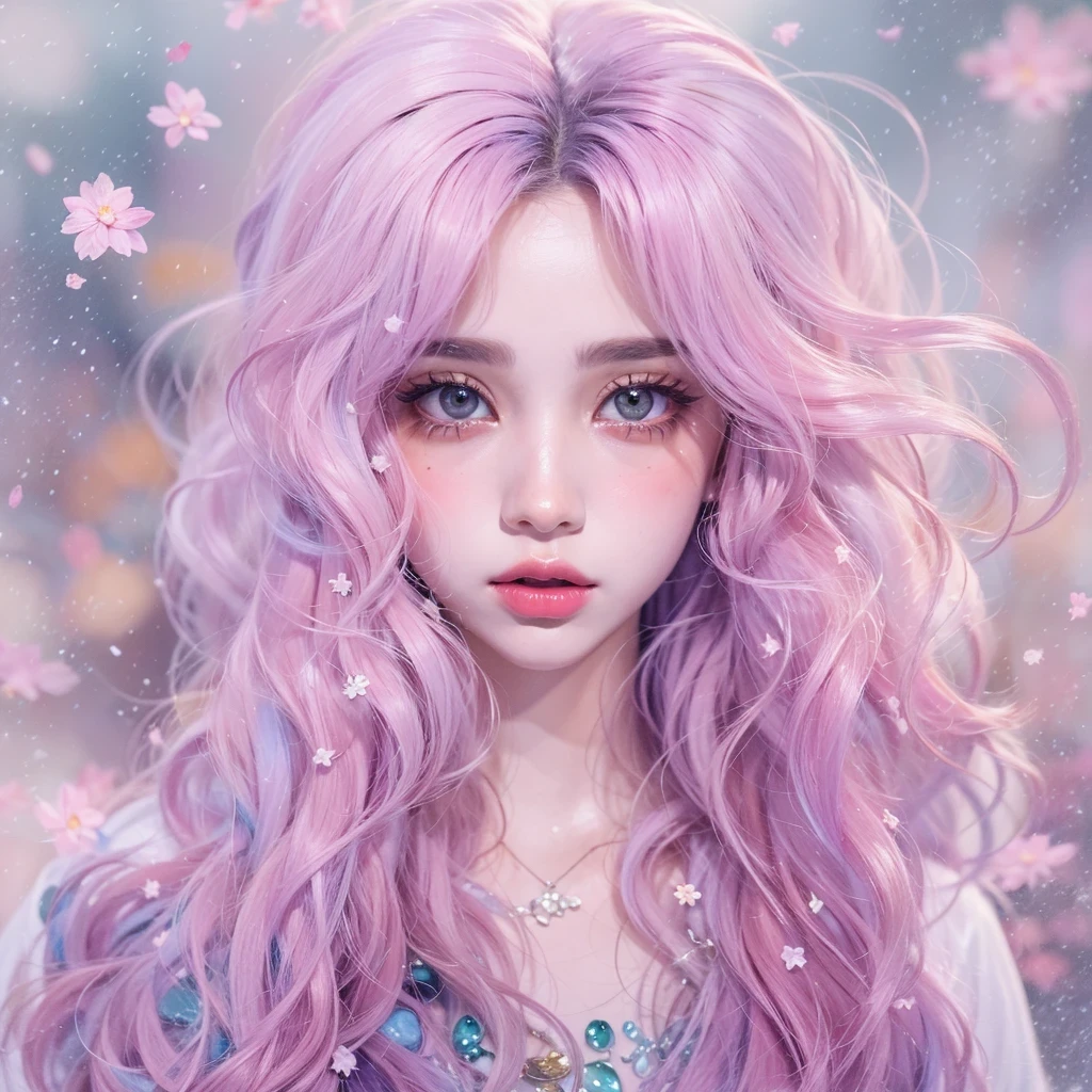 （（（Single eyelid）））Snow hoop exclusion area 32K（tmasterpiece，k hd，hyper HD，32K）Long flowing purple-pink hair，Autumn Pond，zydink， a color， Tongzhou people （Girl with glowing eyes）， （Thin silk scarf）， Side squat position， looking at the ground， long whitr hair， Floating hair， Python headdress， Chinese long-sleeved clothing， （abstract ink splash：1.2）， white backgrounid，Lotus protector（realisticlying：1.4），Purple-pink hair，Snowflakes fluttering，The background is pure， A high resolution， the detail， RAW photogr， Sharp Re， Nikon D850 Film Stock Photo by Jefferies Lee 4 Kodak Portra 400 Camera F1.6 shots, Rich colors, ultra-realistic vivid textures, Dramatic lighting, Unreal Engine Art Station Trend, cinestir 800，Long flowing purple-pink hair，((masterpiece)). This artwork is sweet, dreamy and ethereal, with soft pink watercolor hues and candy accents. Generate a delicate and demure fae exploring a (bubblegum world with a wide variety of pastel shades). Her sweet face is extremely detailed and realistic with elegant features and a fierce expression, and looks like ((((naomi scott)))). Include mature features and stunning, highly realistic eyes. Her eyes are important and should be realistic, highly detailed, and beautiful. In high definition and detail, include lots of details like stars, galaxies, colorful bubbles, colorful petals, and lots of energy and emotion! The stars and colorful bubblegum bubbles are important! Include fantasy details, enhanced details, iridescence, colorful glittering wind, and pollen. Pay special attention to her face and make sure it is beautifully and realistically detailed. The image should be dreamy and ethereal.8k, intricate, elegant, highly detailed, majestic, digital photography