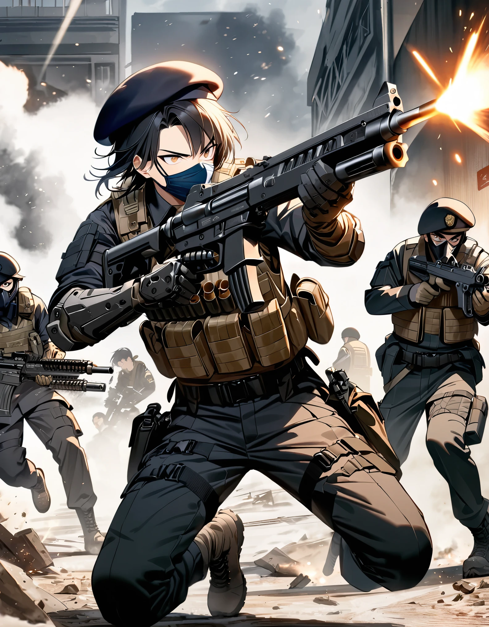 masterpiece, best quality, 1boy, male focus, age 23-29, japanese, belt, beret, black hair, medium hair, bottleneck bangs, braid, hazel eyes, gloves, gun, hat, mask, military, black tactical uniform, mouth mask, pants, combat boots, (mechanical, mechanical arm, weapon arms, right weapon arm, ammunition belt), solo, solo focus, black tactical mask, tactical vest, drop-down pistol holster, weapon, snowy war zone, serious, dynamic action pose, firing weapon, holding gun, aiming gun, firing gun, serious, danger atmosphere, full body with costume