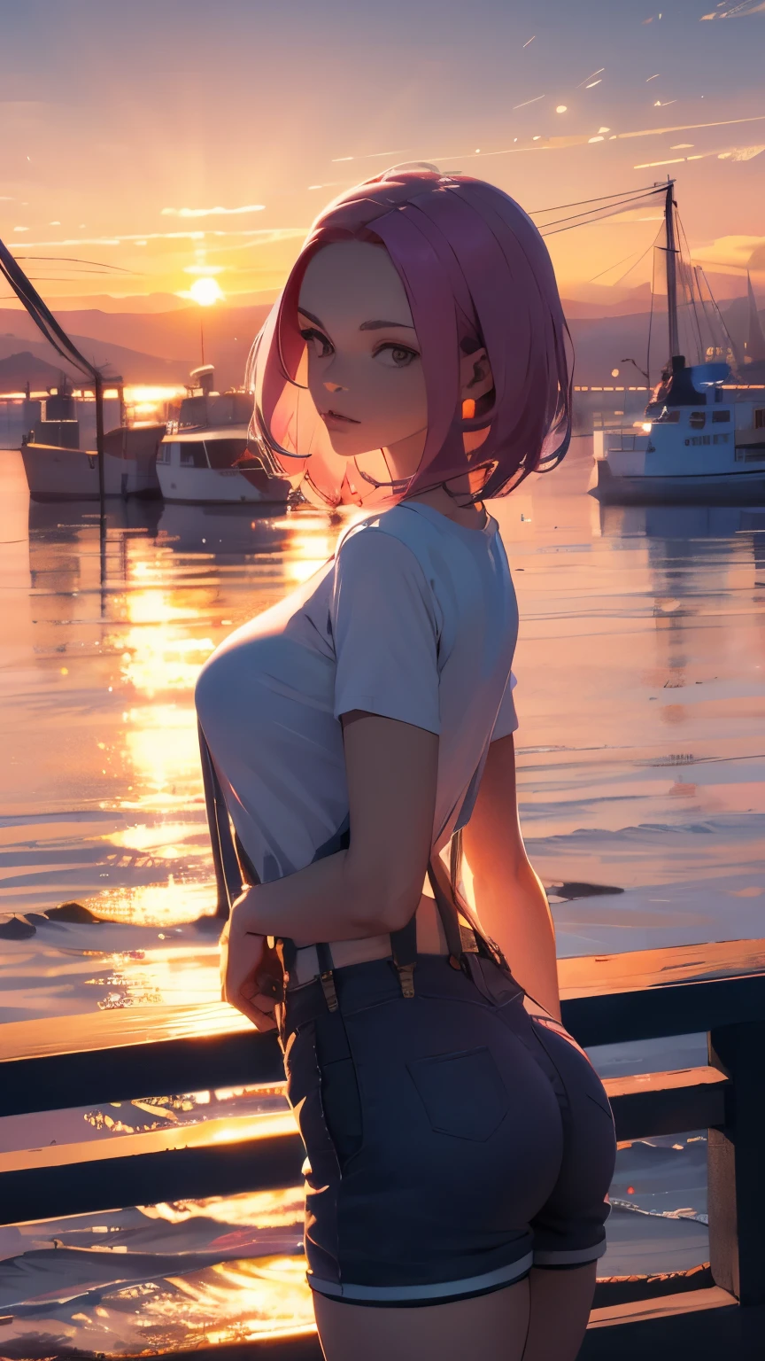 Shorts and suspenders, a tight-fitting T-shirt, pink hair, a beautiful woman with 8 heads, a bright sunset in the background of the sea visible from the port, high image quality, high definition, a masterpiece, artistic composition, gentle light from the front.