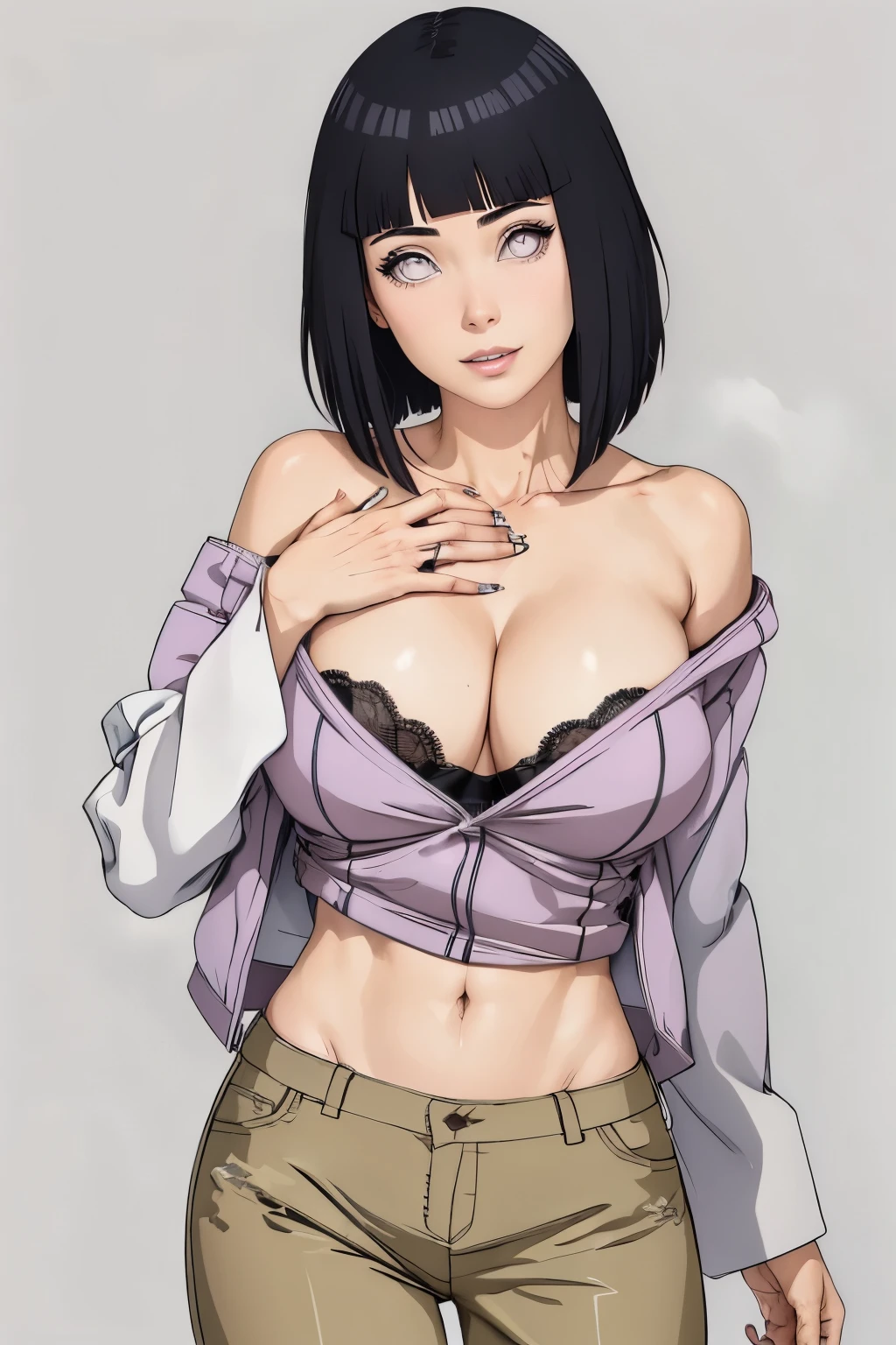 parte mestre, absurdos, Hinata\(boruto\), 1 garota, Sozinho,mulher madura, capuz roxo,mangas em camadas, short jeans marrom sexy, ao ar livre, cloudy sky, perfect composition, circumstantial lips, peito grande, Bonito rosto, Body Proportion, corar, (pink lips), pelo negro corto (PELO NEGRO), olhos lilases, smooth appearance, super realista, circunstanciado, photoshoot, rosto e corpo realistas, cabelo realista, olhos realistas, nariz realista, realistic lips, jeans marrom, animado, dancing lightly. nas suas costas, com o queixo sob o ombro, looking back sensually, sorriso sexy, boca cerrada. pose diferente.