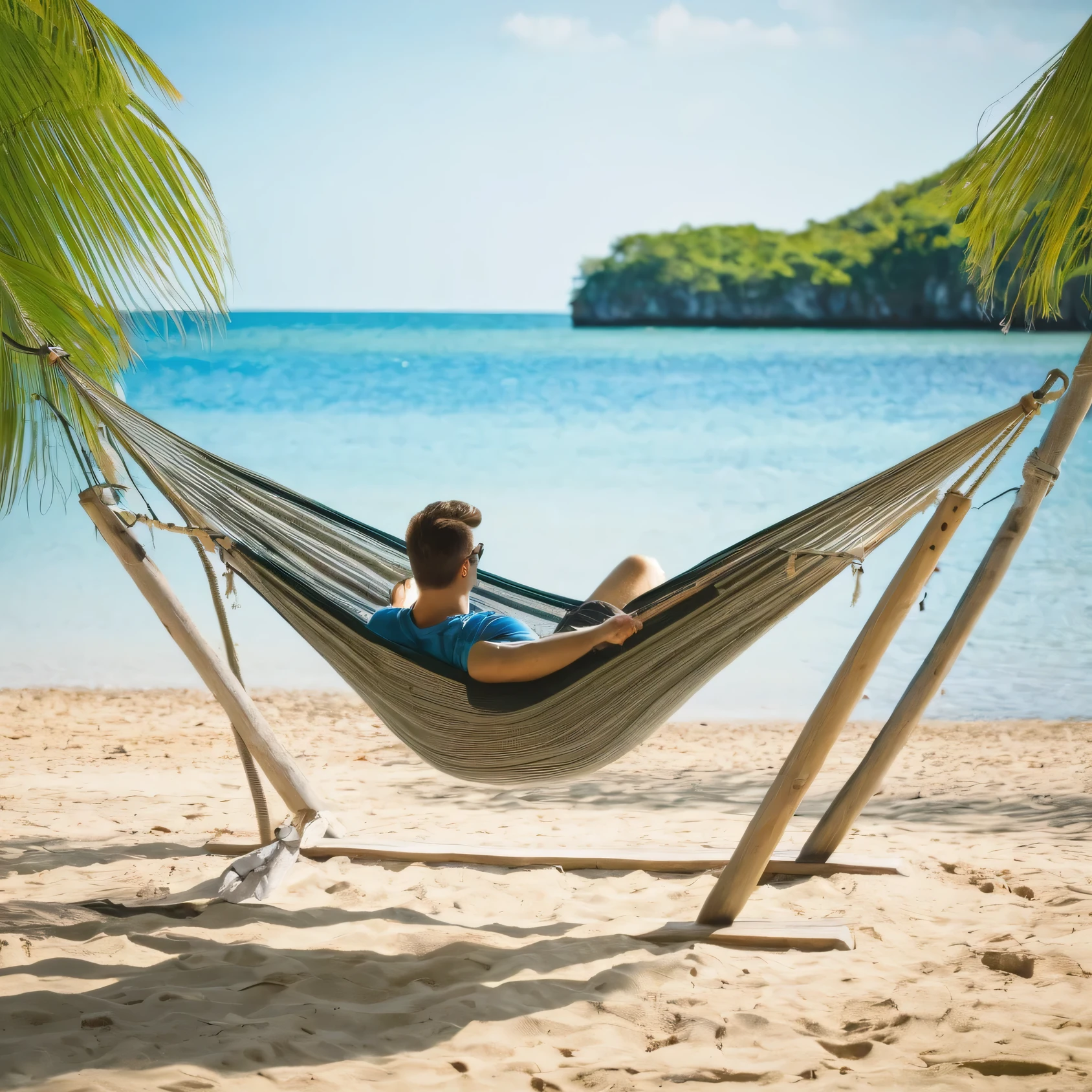 man, relaxing, on the beach, hammock, lying on the hammock, day