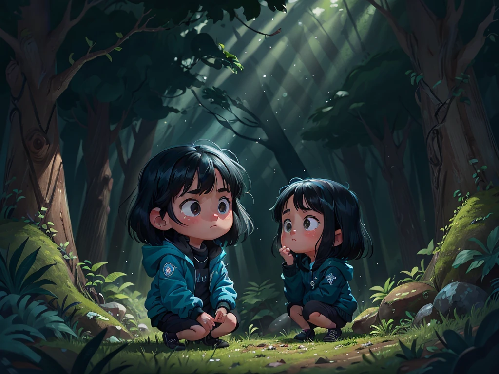 A six-year old girl in the forest, black hair, blue jacket, dark room background , very sad face