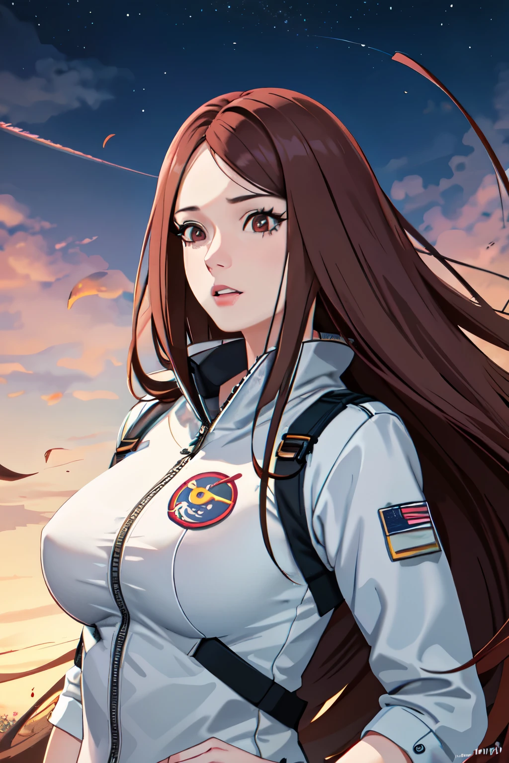 1 adult woman, 29 years old, straight hair, brown hair, red eyes,Looking at the viewer, astronaut uniform, standing in the park, big breasts,half body photo