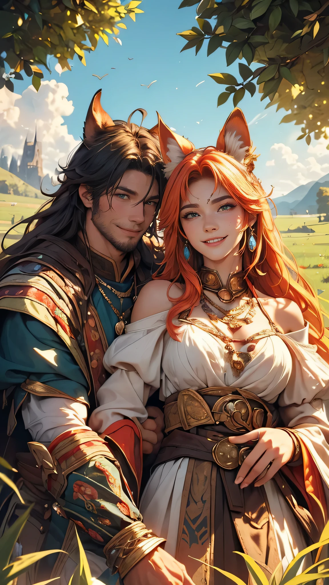 (best quality,4k,highres,masterpiece:1.2), realistic, vibrant colors, detailed, fantasy, beastman couple man and woman, woman with animal ears, man beastmen with animal ears, both wearing medieval garments, both smiling, wide grassland view, peaceful harmony between humans and fantasy beings