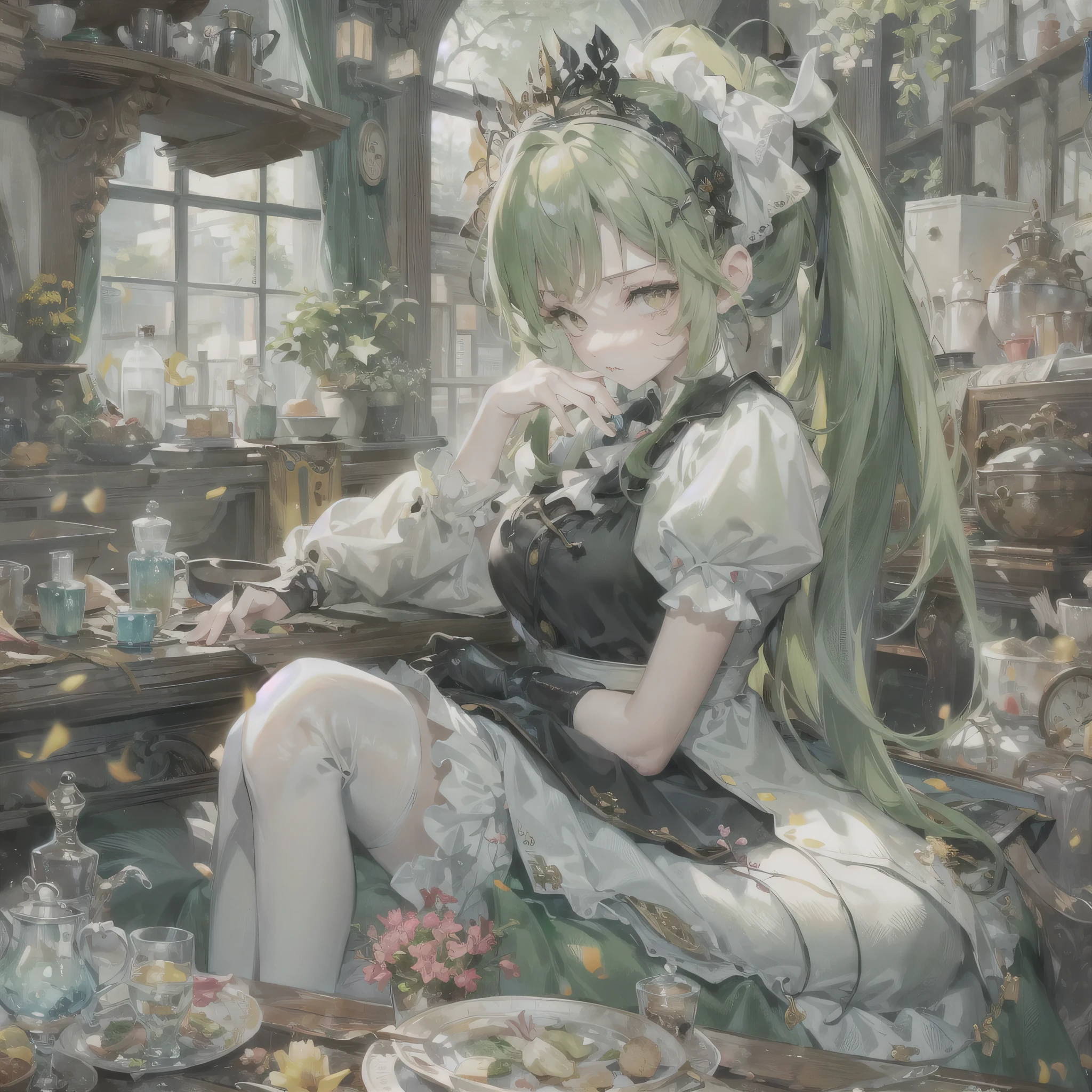 perfect anatomy, masterpiece:1.4, best quality, 8k, beautiful detailed grow, (sad style) (solo:1.3 ponytail green hair long hair cute girl, 15 yo, half closed yellow eyes, sad face), break, (in a detailed maid clothes), Lying on the table, in the enchanted garden.