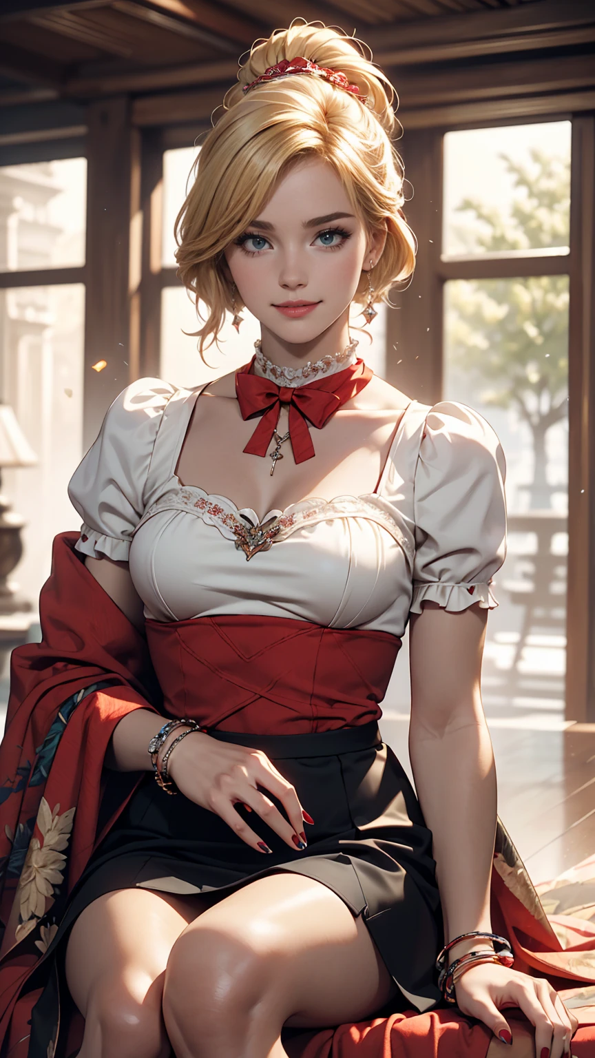 ((最high quality, 8K, masterpiece: 1.3, Ultra HD, high quality, 最high quality, High resolution, realism)) 、A 22-year-old extremely beautiful white woman、Slender figure、Hair color blonde、blue eyeedium Hair、Straight Hair、smile、Background blur((depth of field))、Aerial perspective((atmospheric perspective))、I want my head to stay off screen、Put an anklet on your ankle、Wearing red nail polish、I have a peticure、Slender body、Lolita Fashion