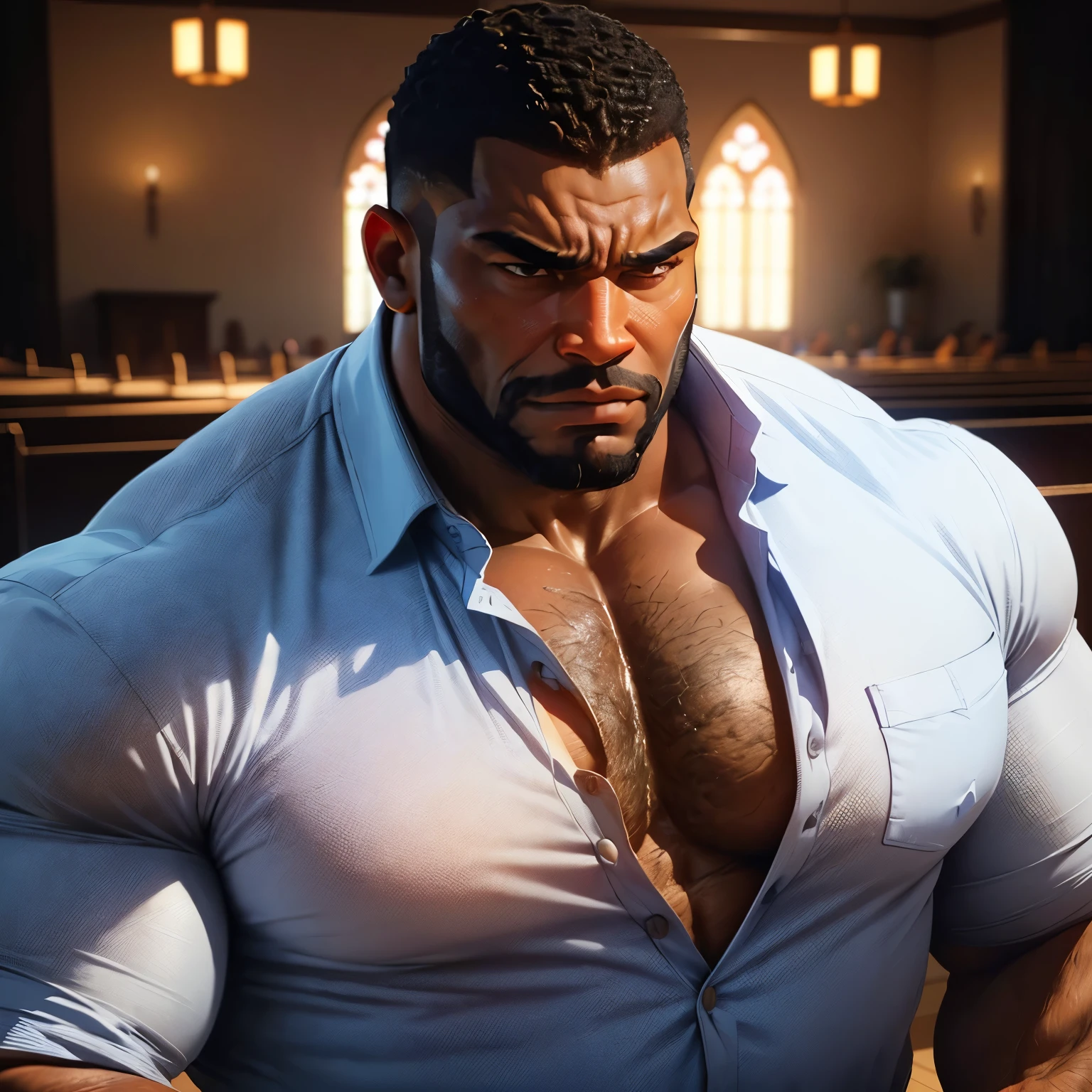 an exaggeratedly muscular and large bodyguard, beefy build, beard, dark-skinned african american male, buzzcut hair with square line, (ashamed expression: 1.2), (wearing unbuttoned business shirt: 1.2), open shirt, small name tag on shirt, (bara pecs: 1.3), (arm and chest hair: 1.1), close-up portrait HD, (church cathedral)