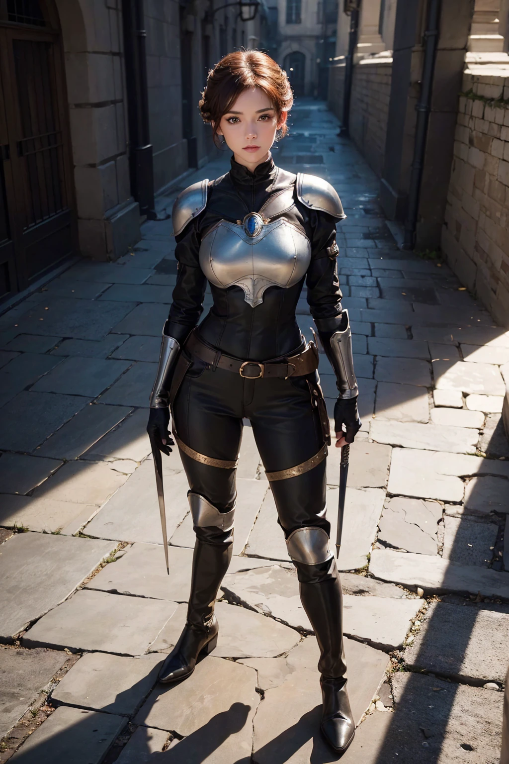(((full image:1.5, show full body, standing:1.8, facing viewer, the front body facing directly to the front of camera, show body from head to toe))), huge breast:1.5, tall body, fit body, pale skin, beautiful woman, ((standing perfectly)), a woman wearing brown leathered armor, show leather boots, pants, pauldron, gloves. short hair with updo. rogue, medieval, warrior. High quality:1.3, Professional lighting:2.0, realistic:1.2, 4k resolution, detailed skin, finely detail, masterpiece:1.1, ((best quality)), centered image, detailed everything, outdoor.