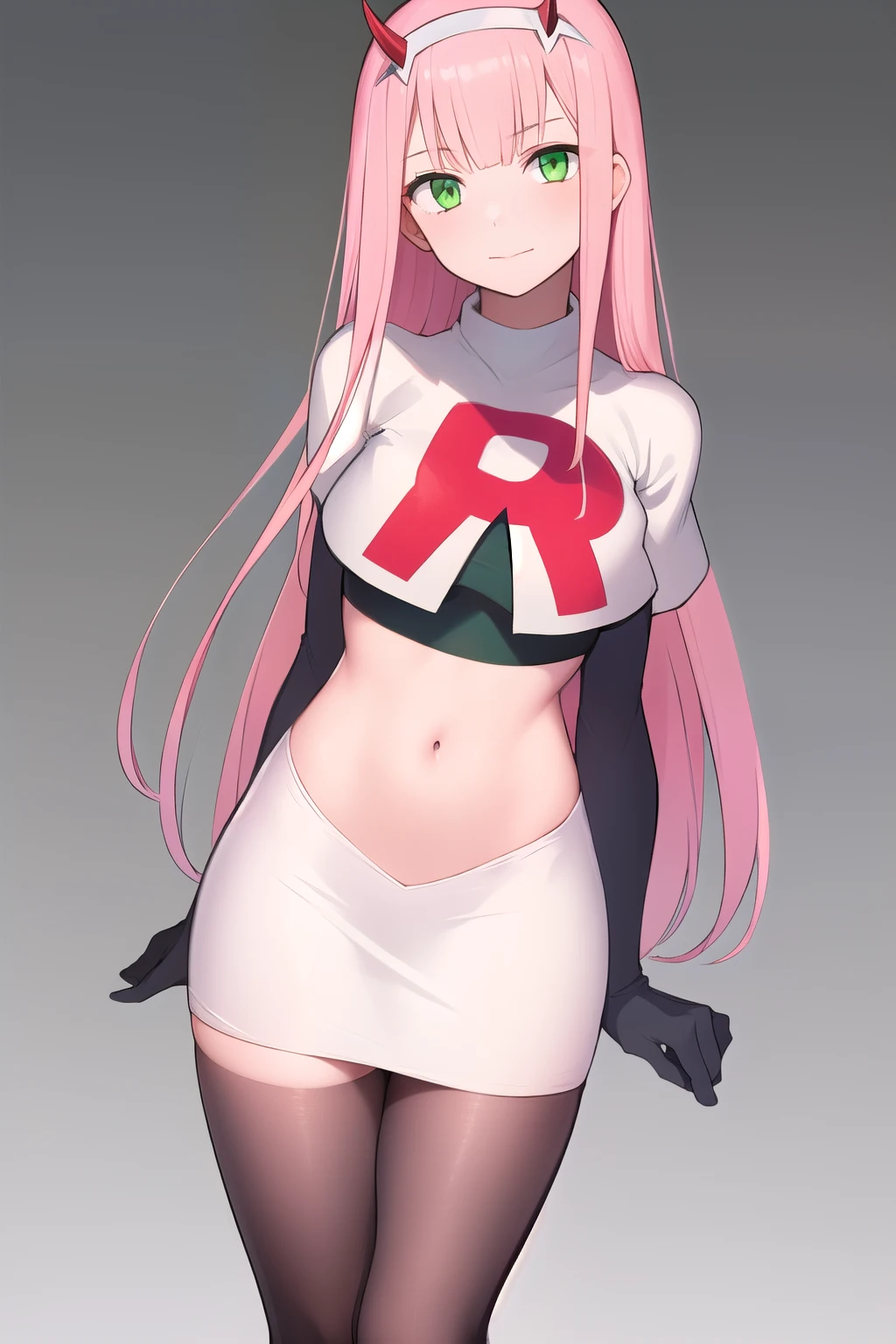 zero two \(darling in the franxx\), darling in the franxx, 1girl, ascot, bangs, green eyes, hairband, horns, long hair, looking at viewer, oni horns, pink hair, red horns, solo, team rocket,team rocket uniform,white skirt,red letter R,crop top,black thigh-highs, white hairband, ((masterpiece))