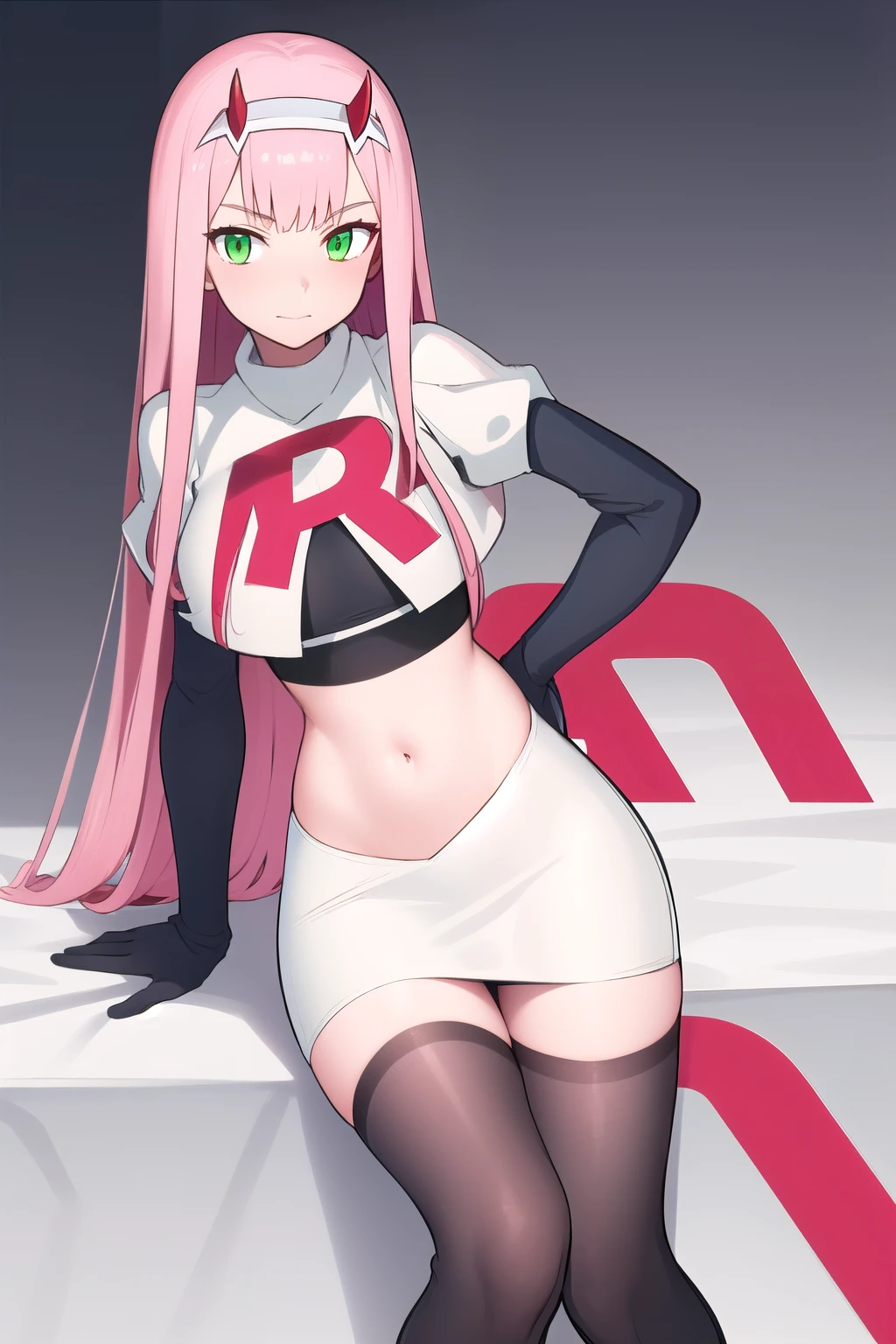 zero two \(darling in the franxx\), darling in the franxx, 1girl, ascot, bangs, green eyes, hairband, horns, long hair, looking at viewer, oni horns, pink hair, red horns, solo, team rocket,team rocket uniform,white skirt,red letter R,crop top,black thigh-highs, white hairband, ((masterpiece))