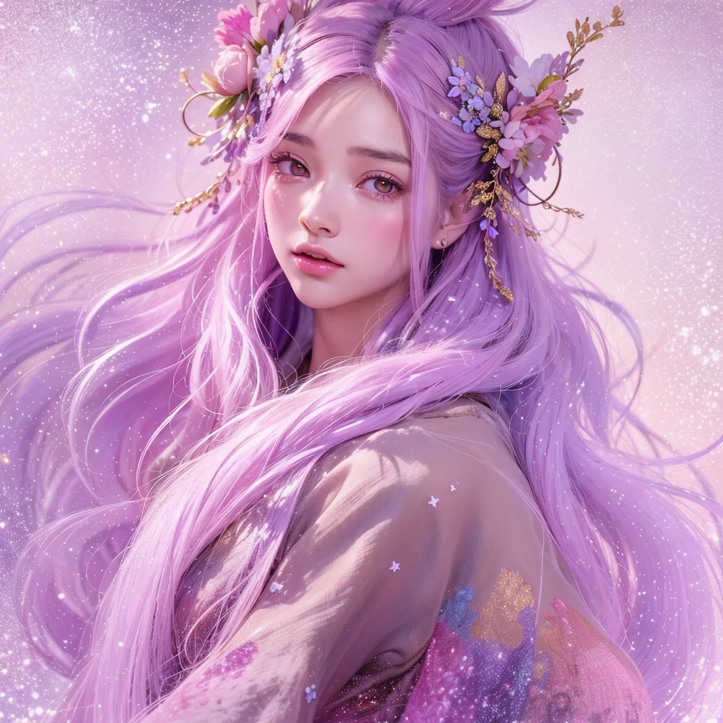 (((Single eyelid)))Snow hoop exclusion area 32K(tmasterpiece,k hd,hyper HD,32K)Long flowing purple-pink hair,Autumn Pond,zydink, a color, Tongzhou people (Girl with glowing eyes), (Thin silk scarf), Side squat position, looking at the ground, long whitr hair, Floating hair, Python headdress, Chinese long-sleeved clothing, (abstract ink splash:1.2), white backgrounid,Lotus protector(realisticlying:1.4),Purple-pink hair,Snowflakes fluttering,The background is pure, A high resolution, the detail, RAW photogr, Sharp Re, Nikon D850 Film Stock Photo by Jefferies Lee 4 Kodak Portra 400 Camera F1.6 shots, Rich colors, ultra-realistic vivid textures, Dramatic lighting, Unreal Engine Art Station Trend, cinestir 800,Long flowing purple-pink hair,((masterpiece)). This artwork is sweet, dreamy and ethereal, with soft pink watercolor hues and candy accents. Generate a delicate and demure fae exploring a (bubblegum world with a wide variety of pastel shades). Her sweet face is extremely detailed and realistic with elegant features and a fierce expression, and looks like ((((naomi scott)))). Include mature features and stunning, highly realistic eyes. Her eyes are important and should be realistic, highly detailed, and beautiful. In high definition and detail, include lots of details like stars, galaxies, colorful bubbles, colorful petals, and lots of energy and emotion! The stars and colorful bubblegum bubbles are important! Include fantasy details, enhanced details, iridescence, colorful glittering wind, and pollen. Pay special attention to her face and make sure it is beautifully and realistically detailed. The image should be dreamy and ethereal.8k, intricate, elegant, highly detailed, majestic, digital photography