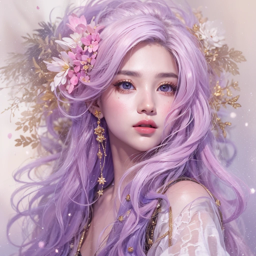 (((Single eyelid)))Snow hoop exclusion area 32K(tmasterpiece,k hd,hyper HD,32K)Long flowing purple-pink hair,Autumn Pond,zydink, a color, Tongzhou people (Girl with glowing eyes), (Thin silk scarf), Side squat position, looking at the ground, long whitr hair, Floating hair, Python headdress, Chinese long-sleeved clothing, (abstract ink splash:1.2), white backgrounid,Lotus protector(realisticlying:1.4),Purple-pink hair,Snowflakes fluttering,The background is pure, A high resolution, the detail, RAW photogr, Sharp Re, Nikon D850 Film Stock Photo by Jefferies Lee 4 Kodak Portra 400 Camera F1.6 shots, Rich colors, ultra-realistic vivid textures, Dramatic lighting, Unreal Engine Art Station Trend, cinestir 800,Long flowing purple-pink hair,((masterpiece)). This artwork is sweet, dreamy and ethereal, with soft pink watercolor hues and candy accents. Generate a delicate and demure fae exploring a (bubblegum world with a wide variety of pastel shades). Her sweet face is extremely detailed and realistic with elegant features and a fierce expression, and looks like ((((naomi scott)))). Include mature features and stunning, highly realistic eyes. Her eyes are important and should be realistic, highly detailed, and beautiful. In high definition and detail, include lots of details like stars, galaxies, colorful bubbles, colorful petals, and lots of energy and emotion! The stars and colorful bubblegum bubbles are important! Include fantasy details, enhanced details, iridescence, colorful glittering wind, and pollen. Pay special attention to her face and make sure it is beautifully and realistically detailed. The image should be dreamy and ethereal.8k, intricate, elegant, highly detailed, majestic, digital photography