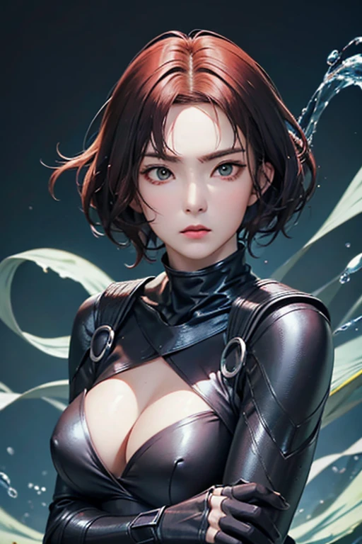 (Finest quality)),(超A high resolution),(ultra-detailled art),(Meticulous portrayal),((Best Anime)),(Finest works of art),sharpness,Clair,Ultra-Precision Art,The art of astounding depiction, (Female Ninja in the Dark:1.3), red hair, extremely detailed hair, short hair, bangs, beautiful eyes, detailed eyes, perfect eyes, double eyelid, green eyes, beautiful lips, soft lips, clear skin, soft skin, ninja outfit, looking at camera, pretty face, close up face, ninja armor, female ninja suit, reveal shoulders, show cleavage, korean girl, korean beauty, 24 years old, sexy, with water aura, water splash behind, green aura, healing power, healing aura, water power, armoured bra, bra suit, detailed face, fighting stance, serious face, holding a sword, slim body, ninja pose, attack pose, ninja hand seal, hand sign ninja, ninja hand pose, beautiful hands, perfect hands, detailed hands